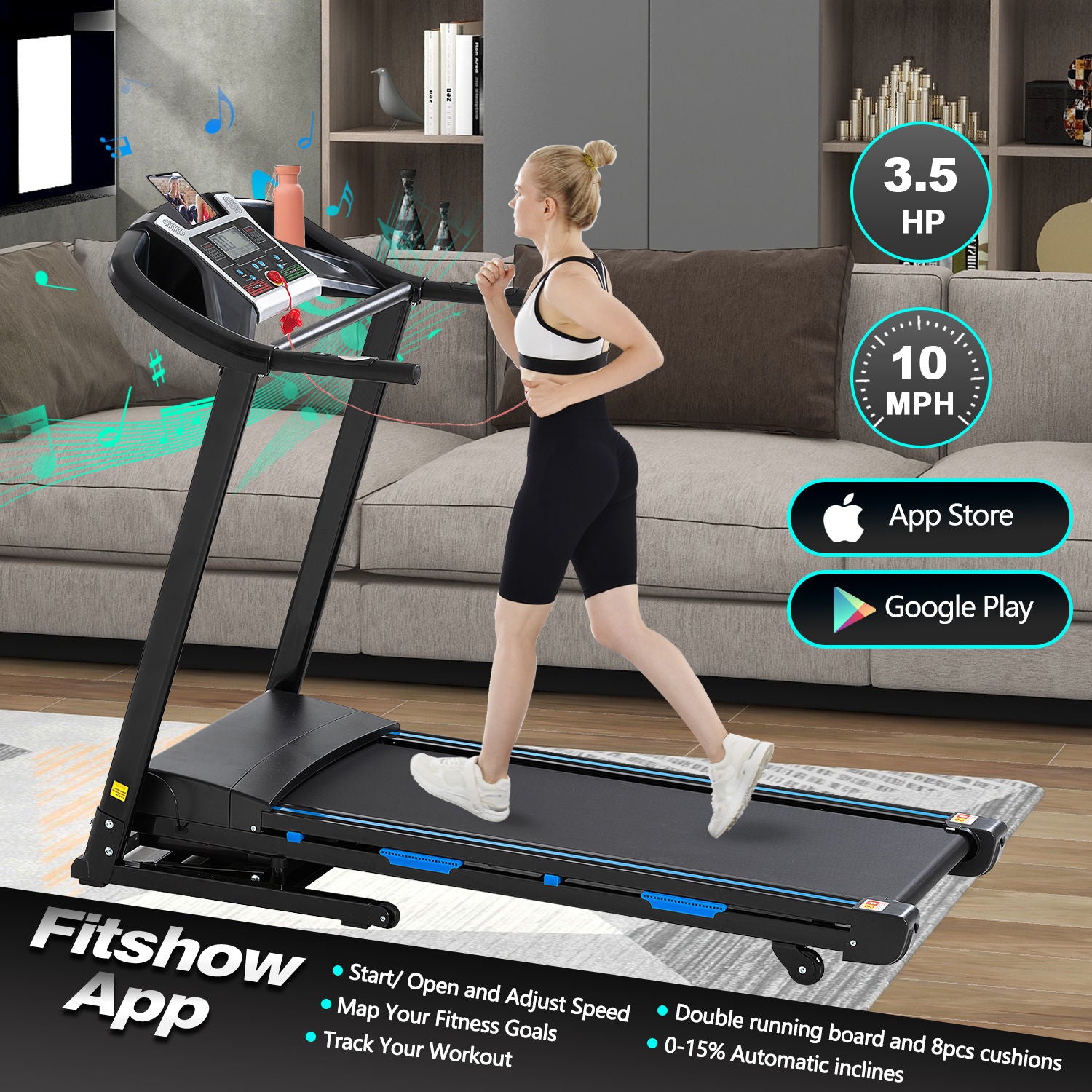 Treadmills For Home, Electric Treadmill With Automatic Incline, Foldable 3.5Hp Workout Running Machine Walking, Double Running Board Shock Absorption Pulse Sensor Bluetooth Speaker App Fitshow - Black - Best Buy Furniture