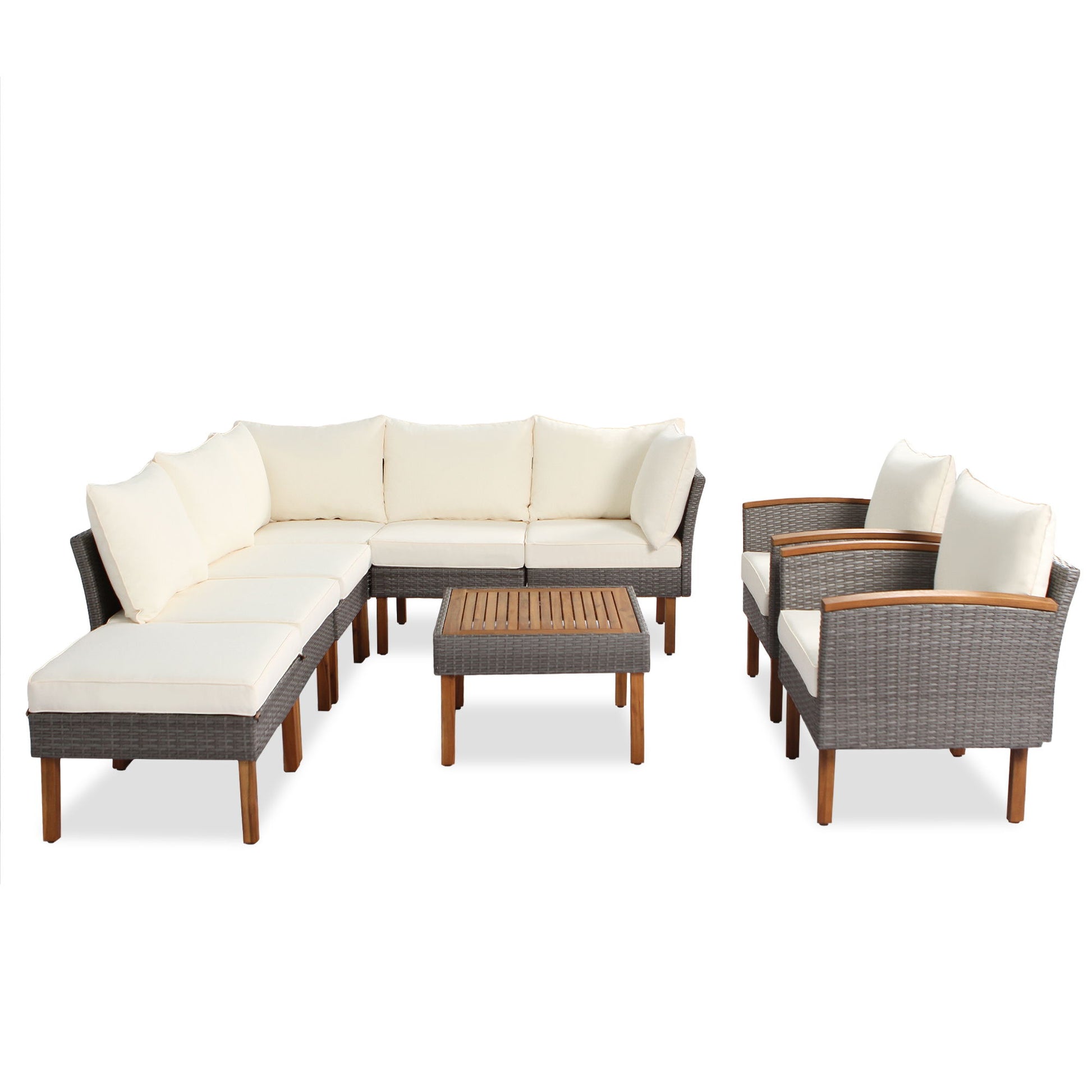 9 Piece Patio Rattan Furniture Set, Outdoor Conversation Set With Acacia Wood Legs And Tabletop, PE Rattan Sectional Sofa Set With Coffee Table, Washable Cushion - Best Buy Furniture