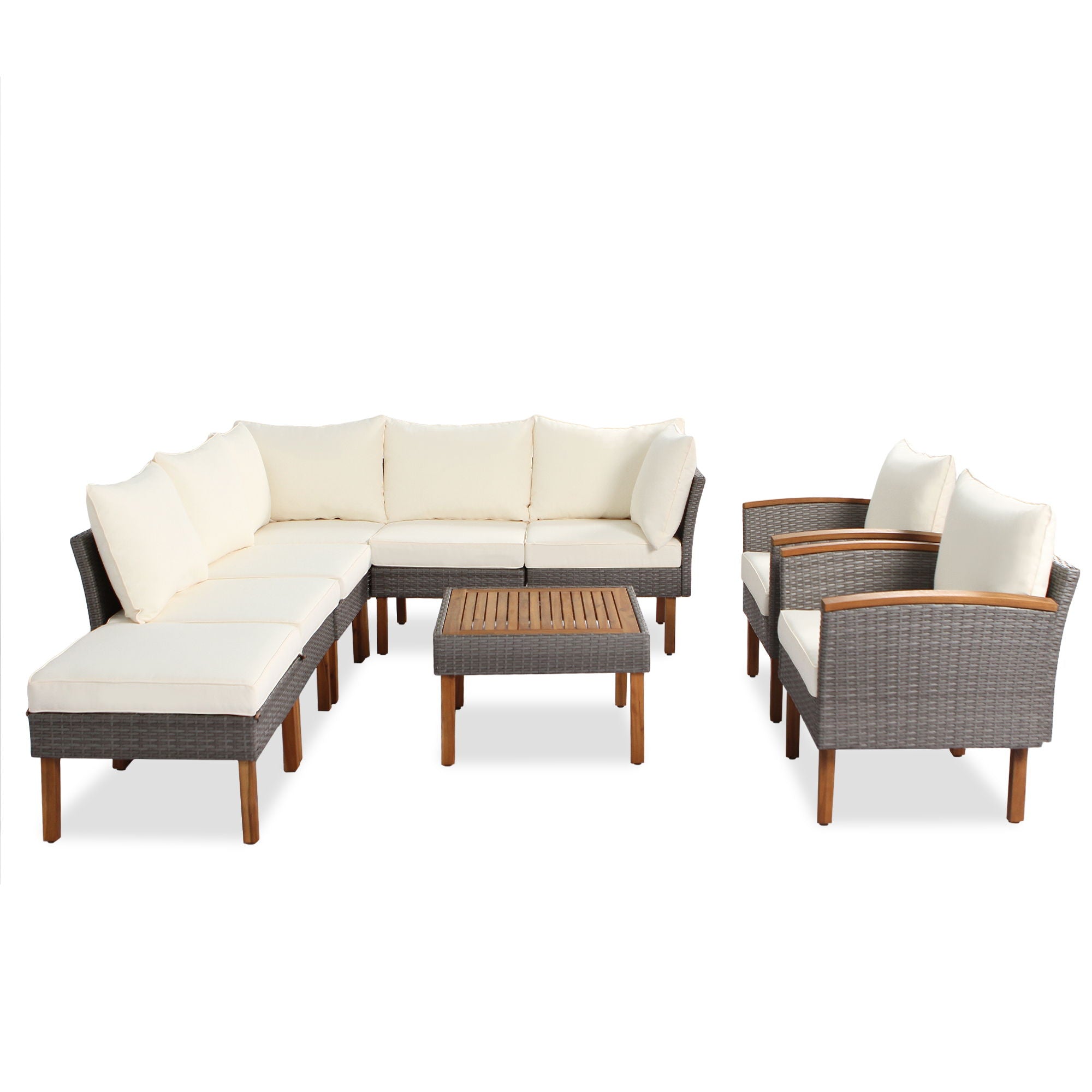 9 Piece Patio Rattan Furniture Set, Outdoor Conversation Set With Acacia Wood Legs And Tabletop, PE Rattan Sectional Sofa Set With Coffee Table, Washable Cushion - Best Buy Furniture