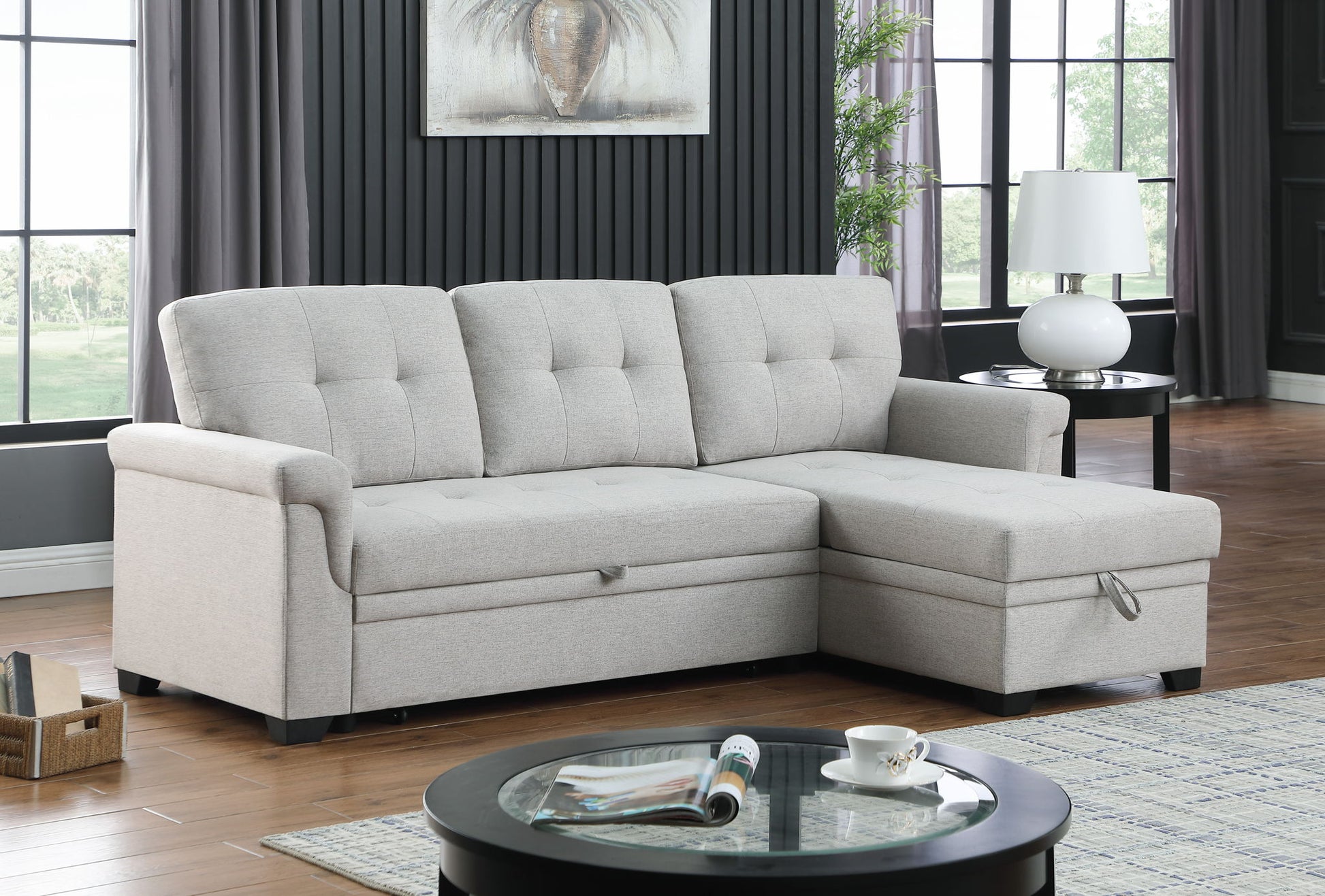 Lucca - Linen Reversible Sleeper Sectional Sofa With Storage Chaise - Best Buy Furniture