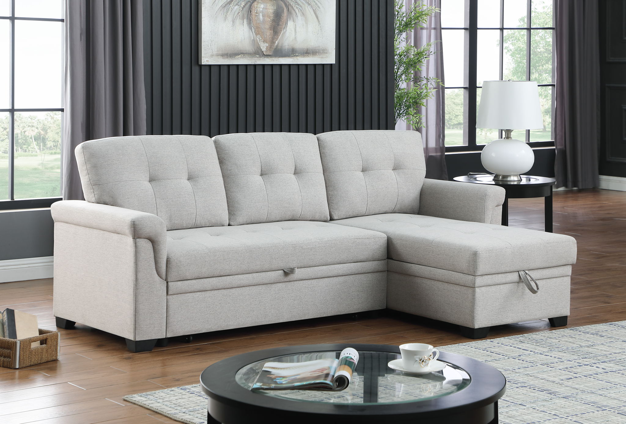 Lucca - Linen Reversible Sleeper Sectional Sofa With Storage Chaise - Best Buy Furniture