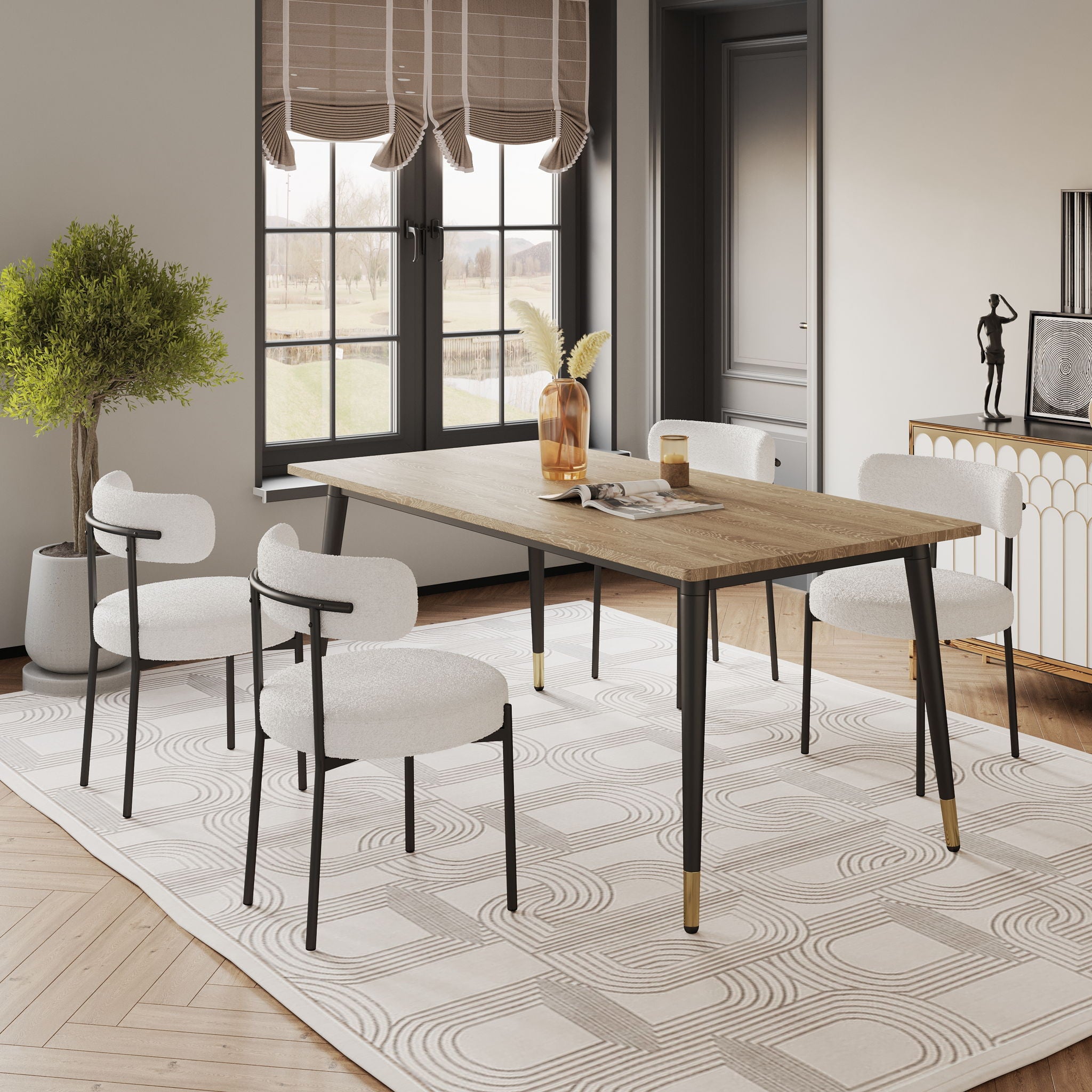 Dining Chairs (Set of 2) Round Upholstered Boucle Dining Room Chairs Mid-Century Modern Kitchen Chairs Curved Backrest Chairs For Dining Room Metal Legs - White / Black - Best Buy Furniture