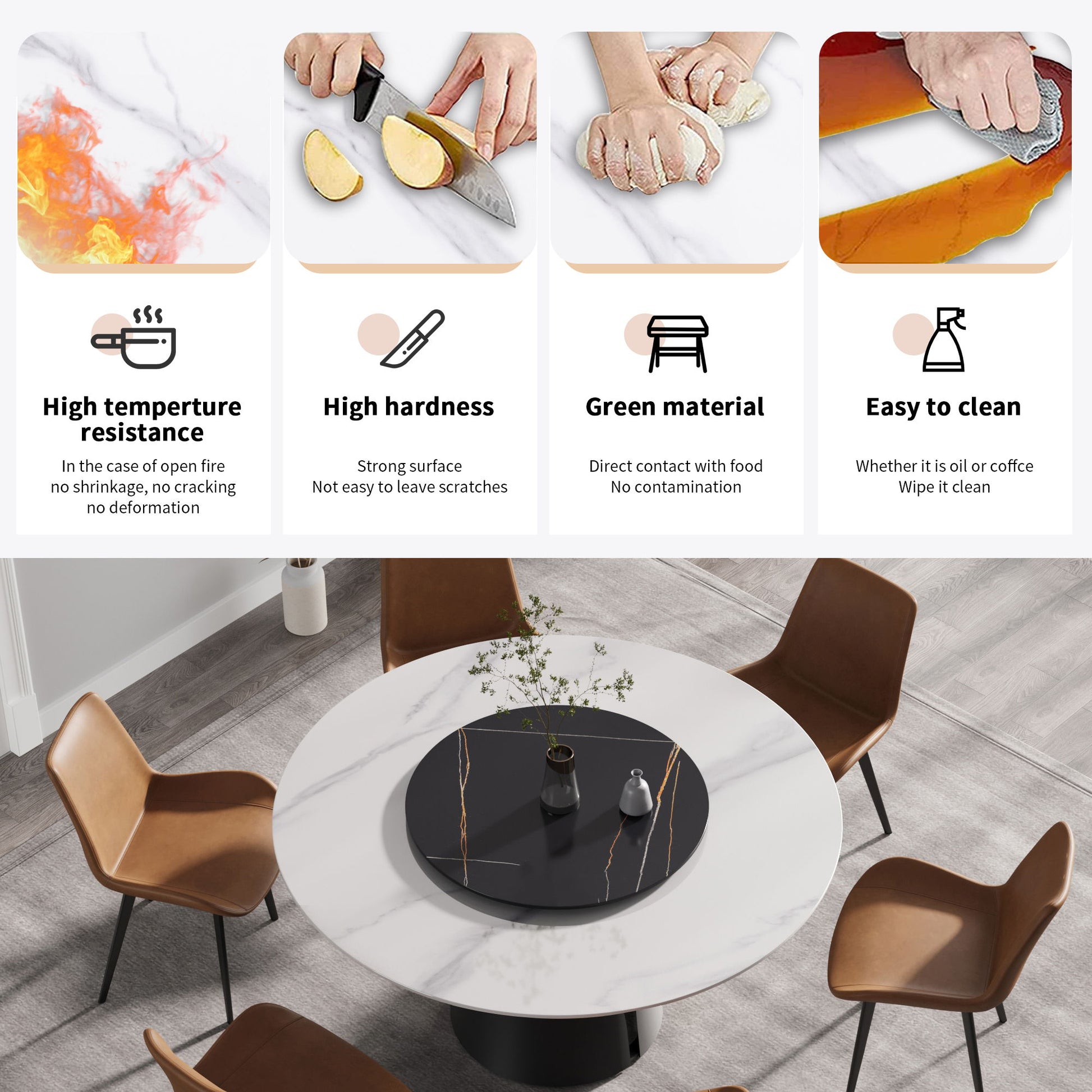 Modern Artificial Stone Round Carbon Steel Base Dining Table, Can Accommodate 6 People, Black Artificial Stone Turntable - Best Buy Furniture