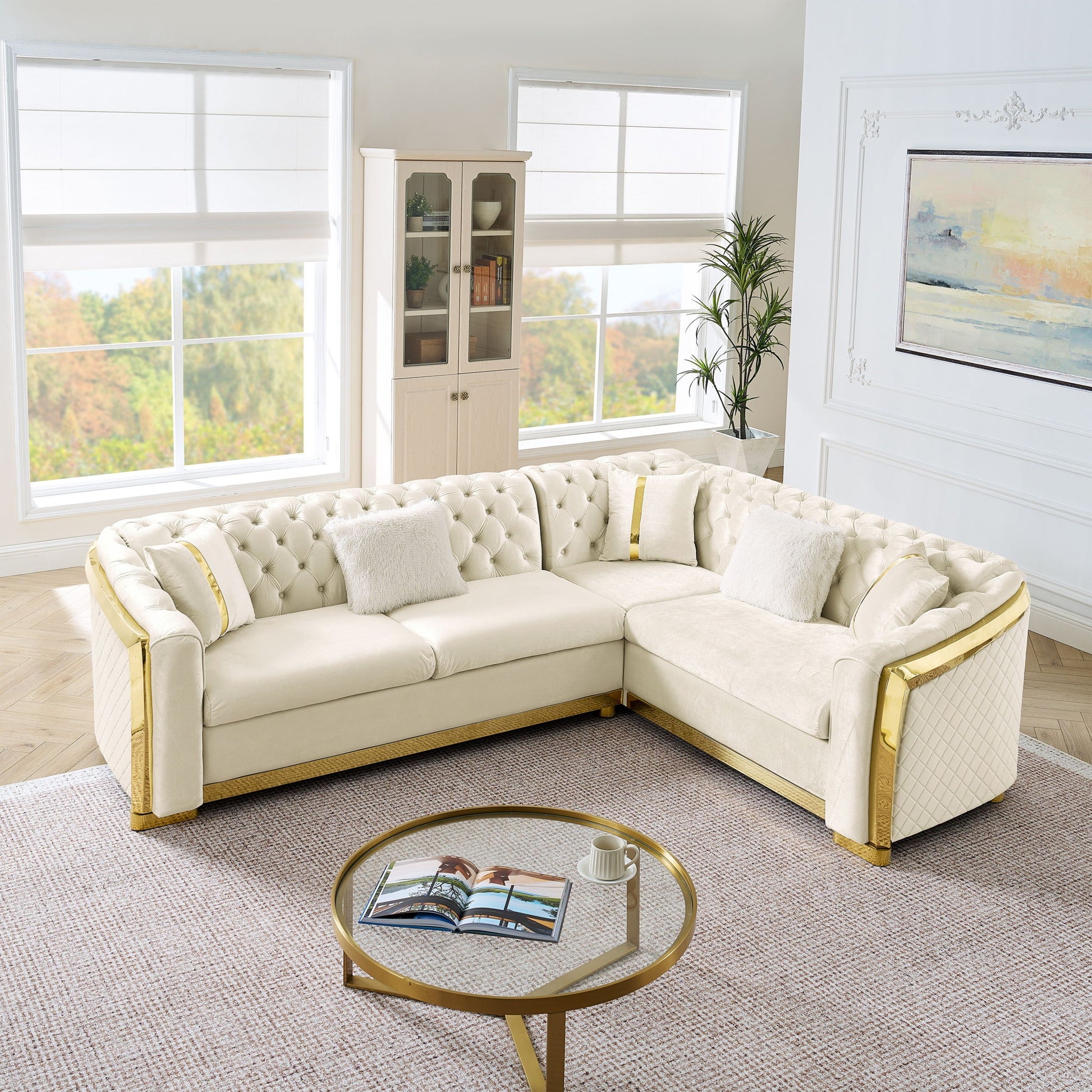 L Shaped Chesterfield Sectional Sofa With Stainless Steel Accents - Best Buy Furniture