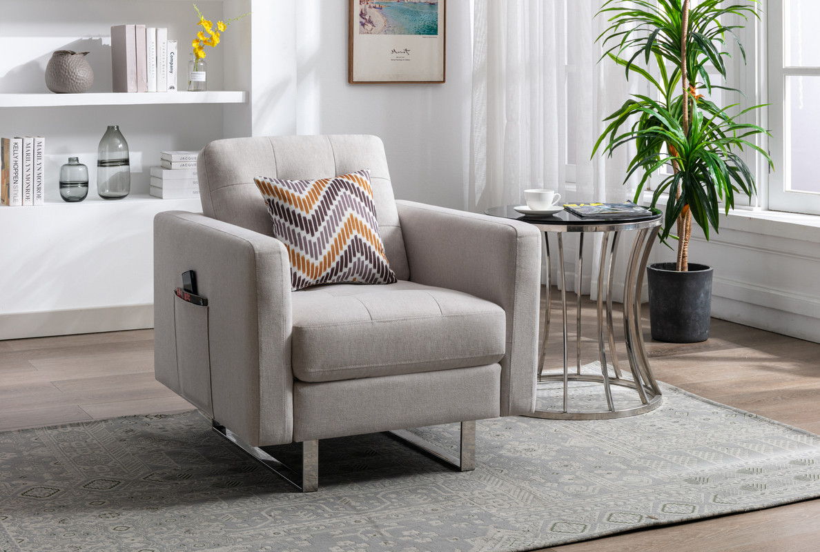 Victoria - Linen Fabric Armchair With Metal Legs, Side Pockets, And Pillow - Best Buy Furniture