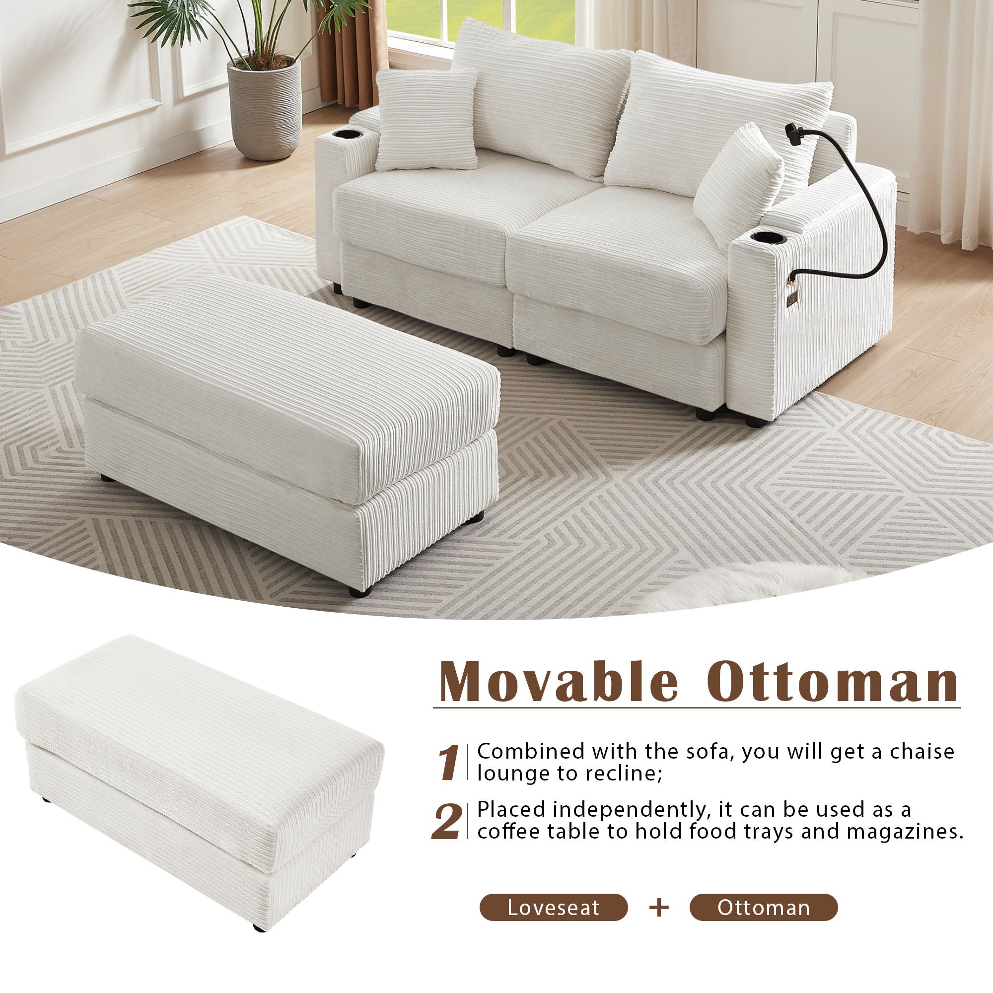 Modern Style Loveseat Sofa Sectional Sofa Couch With Storage Space, A Movable Ottoman, Two USB Ports, Two Cup Holders, A Phone Holder For Living Room - Best Buy Furniture