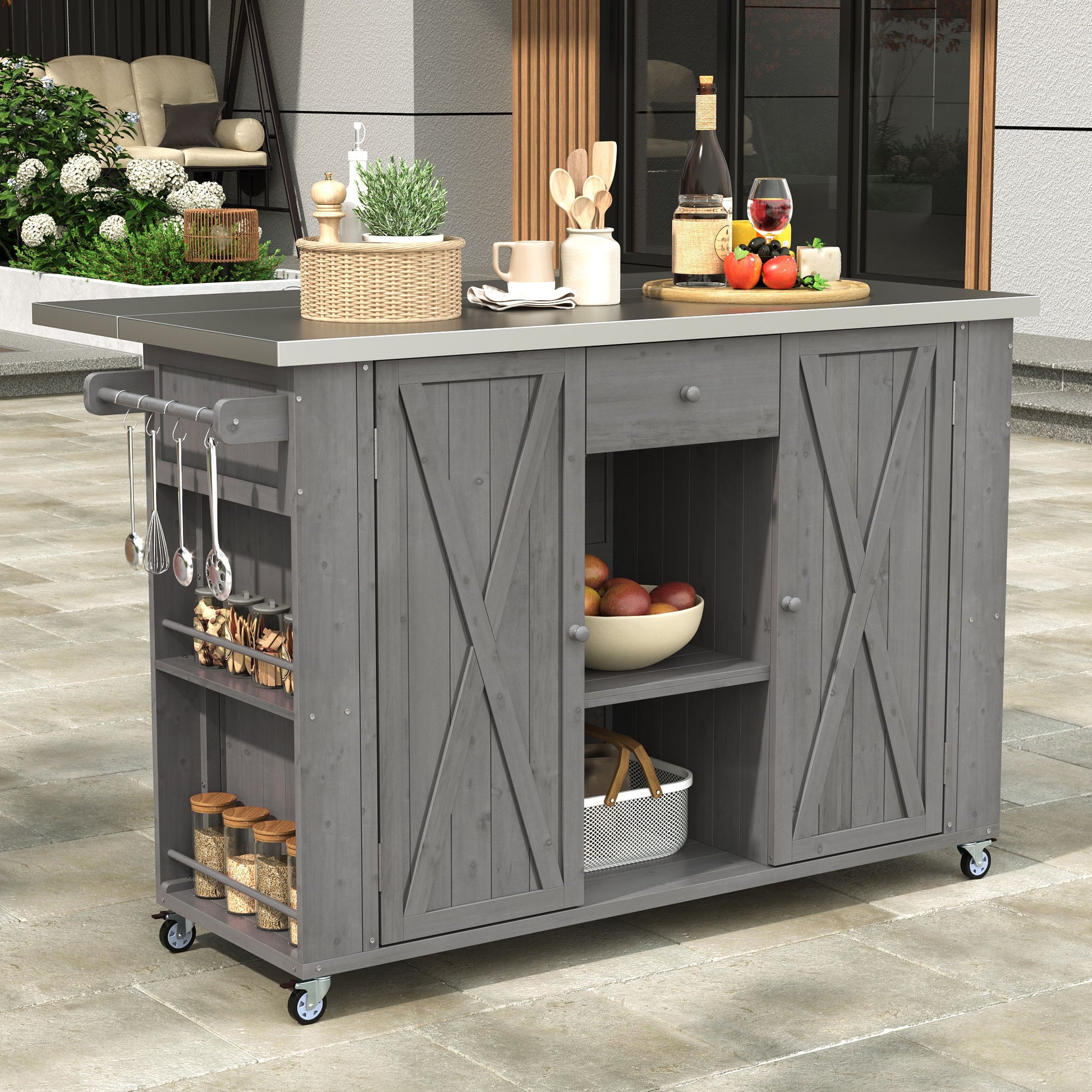 Outdoor Kitchen Island With Stainless Steel Top, Ample Storage Space, Towel And Spice Racks And A Bottle Opener - Best Buy Furniture