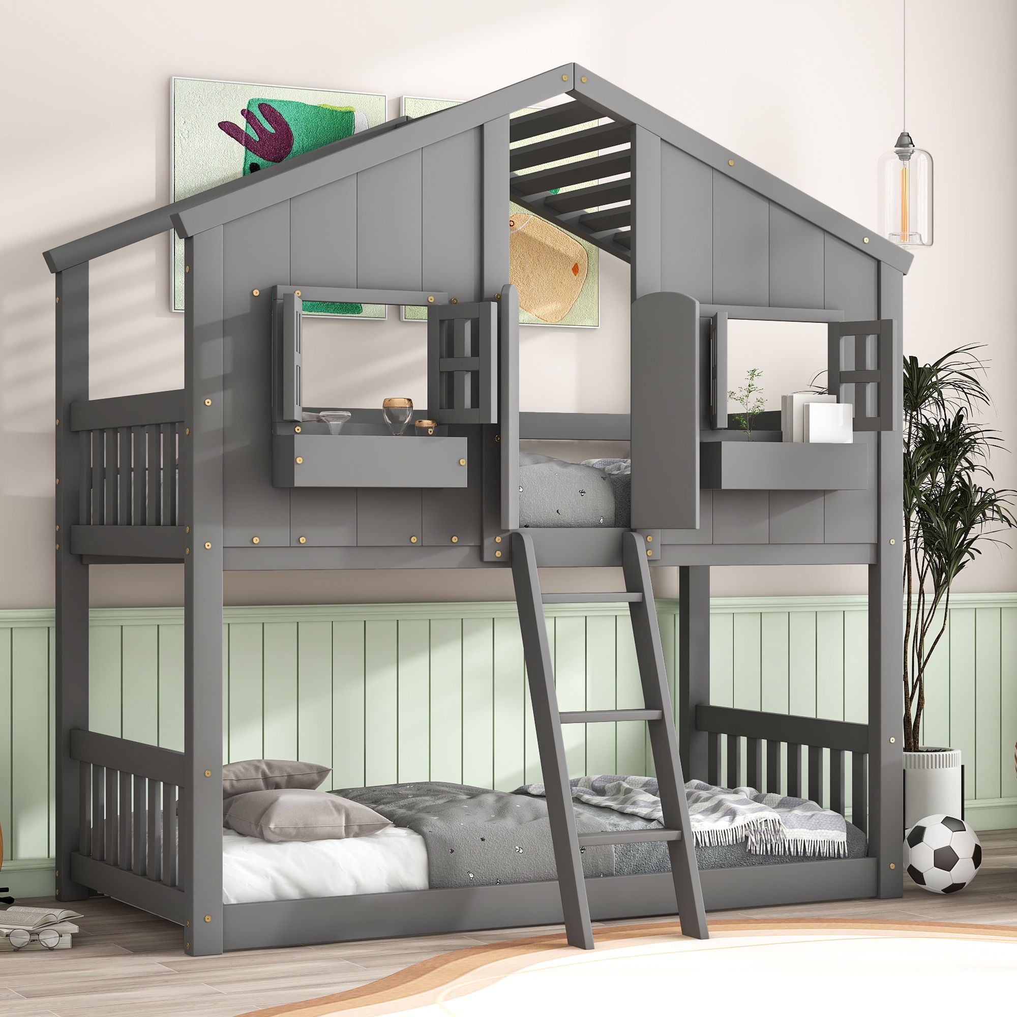 House Bunk Bed With Roof, Window, Window Box, Door, With Safety Guardrails And Ladder - Best Buy Furniture