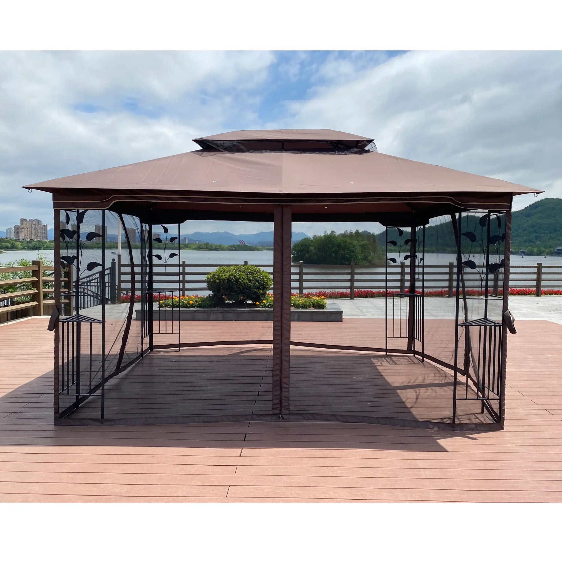 13x10 Outdoor Patio Gazebo Tent, Brown Canopy with Mesh Screens - Best Buy Furniture