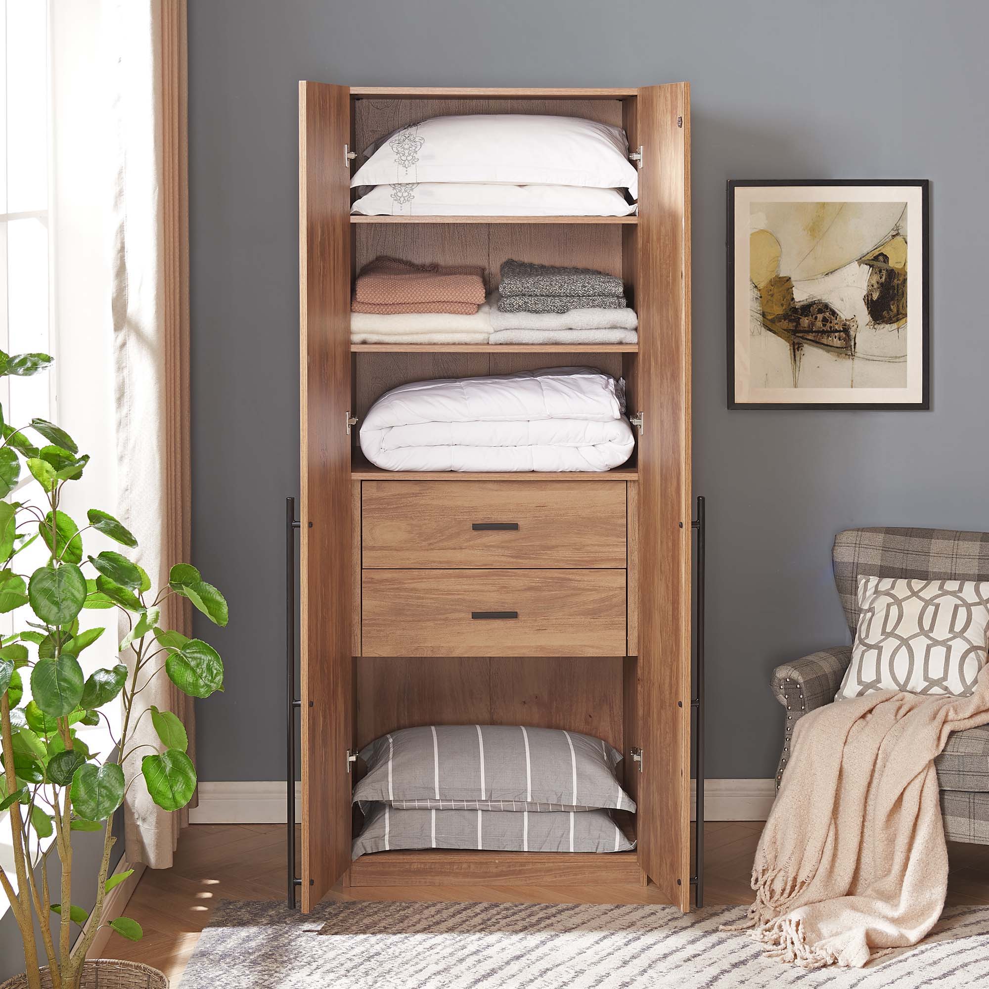 Lee - Free Standing Wardrobe Closet With Drawers And Shelves