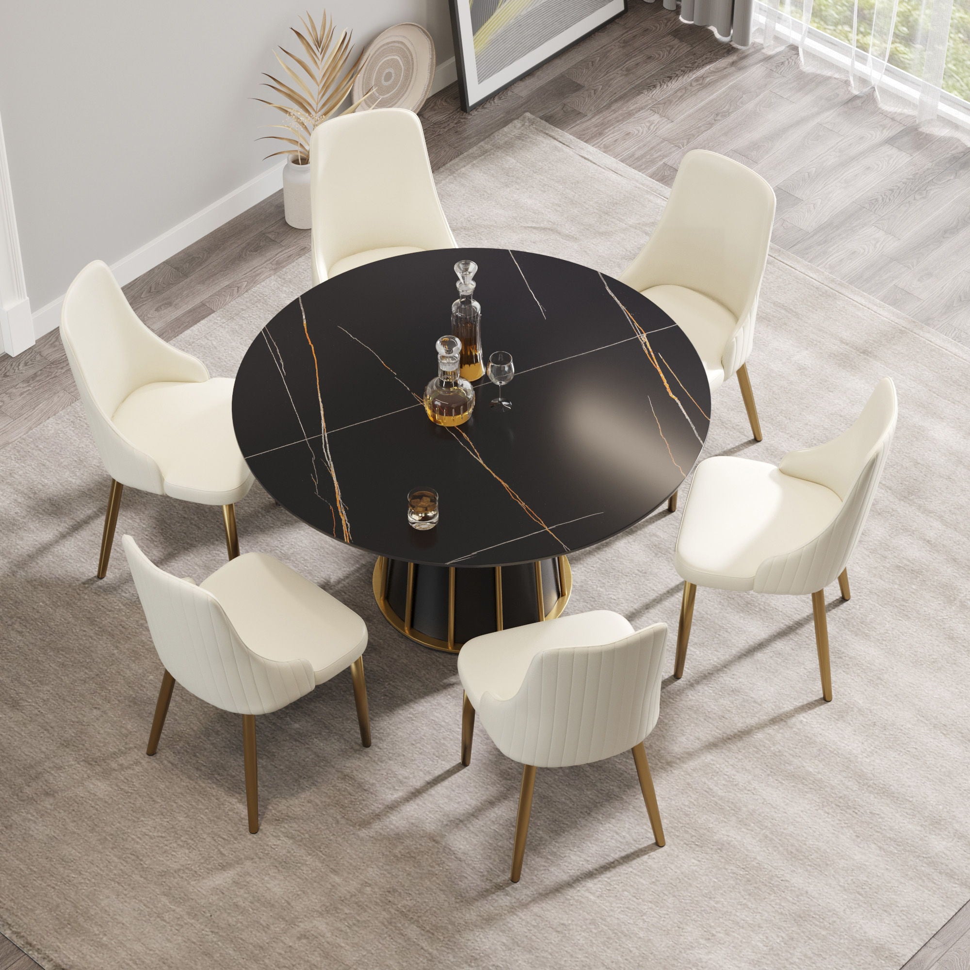Modern Artificial Stone Round Metal Iron Base Dining Table, Can Accommodate 6 People (Not Including Chairs.) - Black - Best Buy Furniture