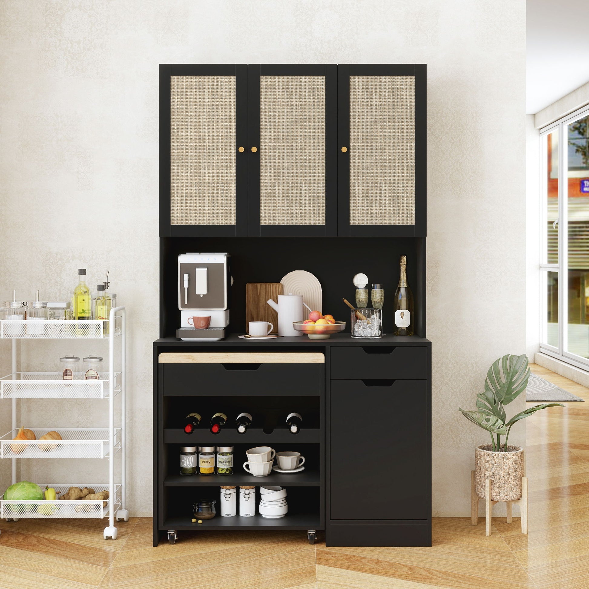 Kitchen Pantry Storage Cabinet, Modern Buffet Cabinet With Kitchen Cart, Tall Kitchen Hutch Cabinet With Microwave Stand, Food Pantry Cabinet With 3 Rattan Doors And Adjustable Shelves - Black - Best Buy Furniture