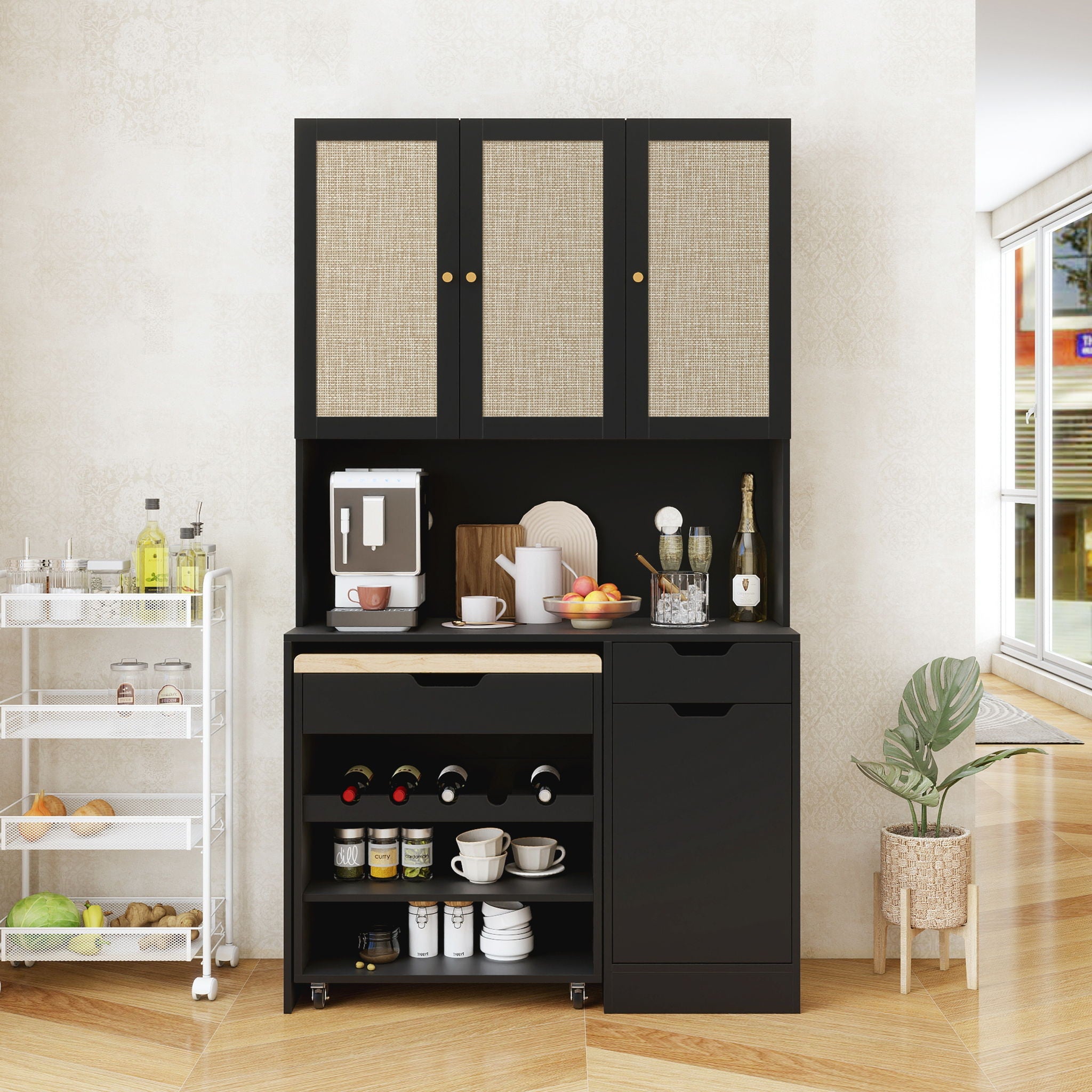 Kitchen Pantry Storage Cabinet, Modern Buffet Cabinet With Kitchen Cart, Tall Kitchen Hutch Cabinet With Microwave Stand, Food Pantry Cabinet With 3 Rattan Doors And Adjustable Shelves - Black - Best Buy Furniture