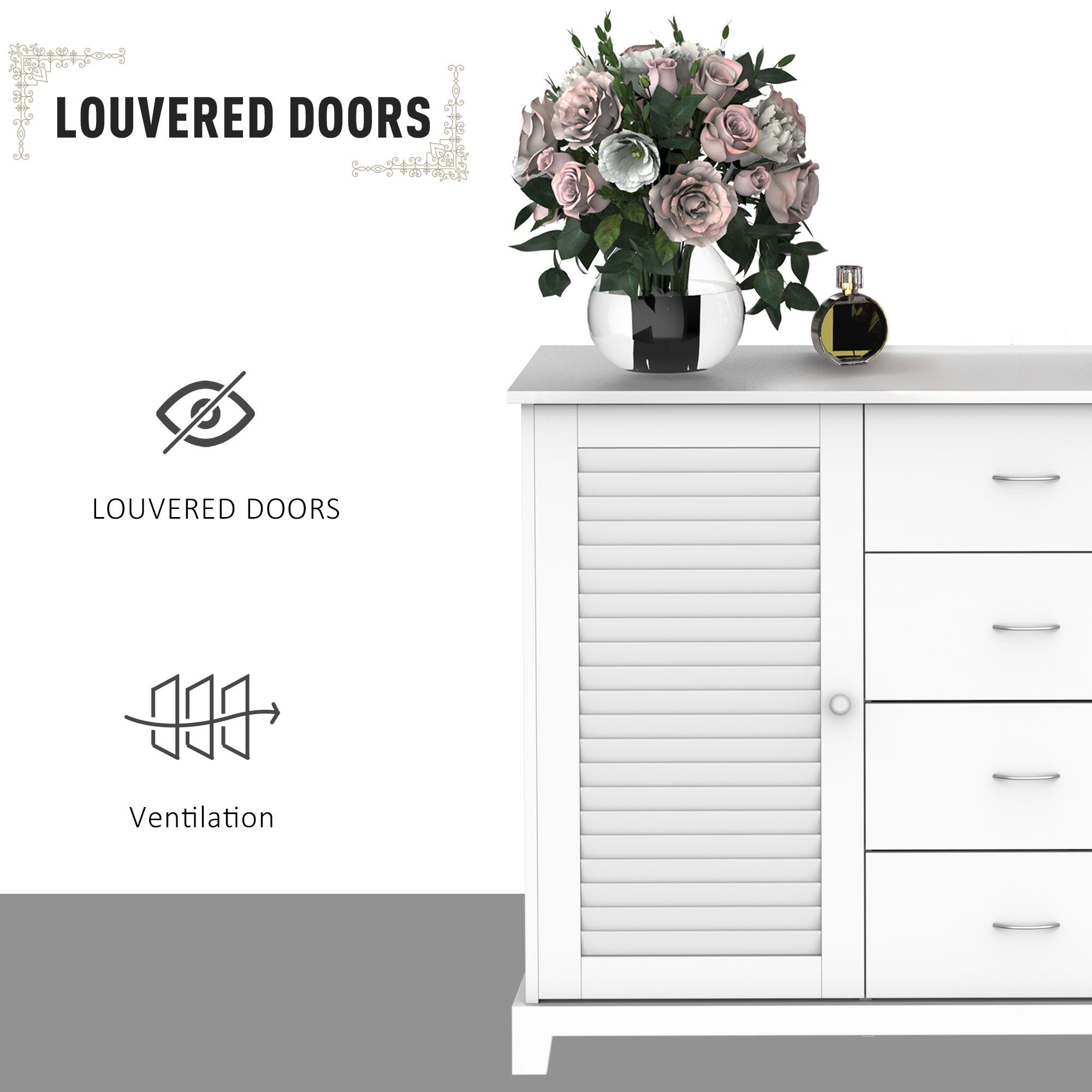Homcom - Sideboard Buffet Cabinet, Kitchen Cabinet, Coffee Bar Cabinet With 4 Drawers And 2 Louvered Doors For Living Room, Kitchen - White - Best Buy Furniture