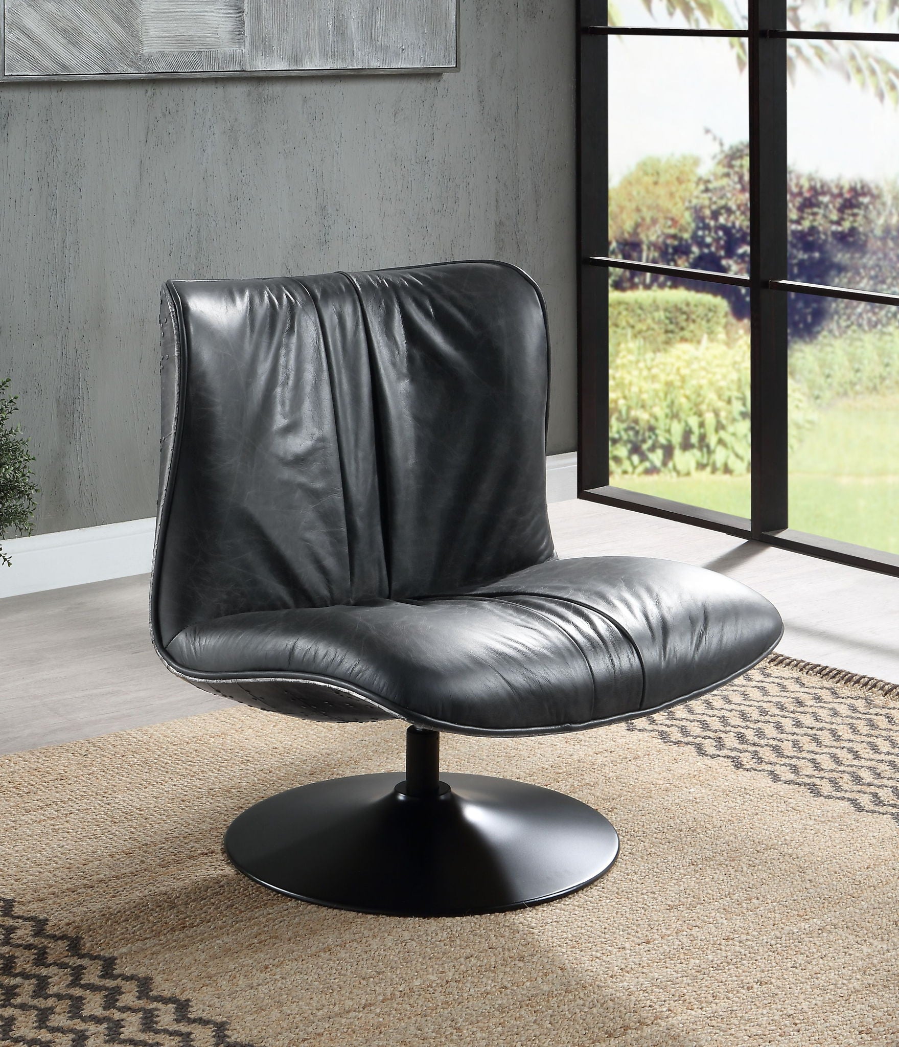 Piotr - Top Grain Leather Accent Chair With Swivel - Black - Best Buy Furniture