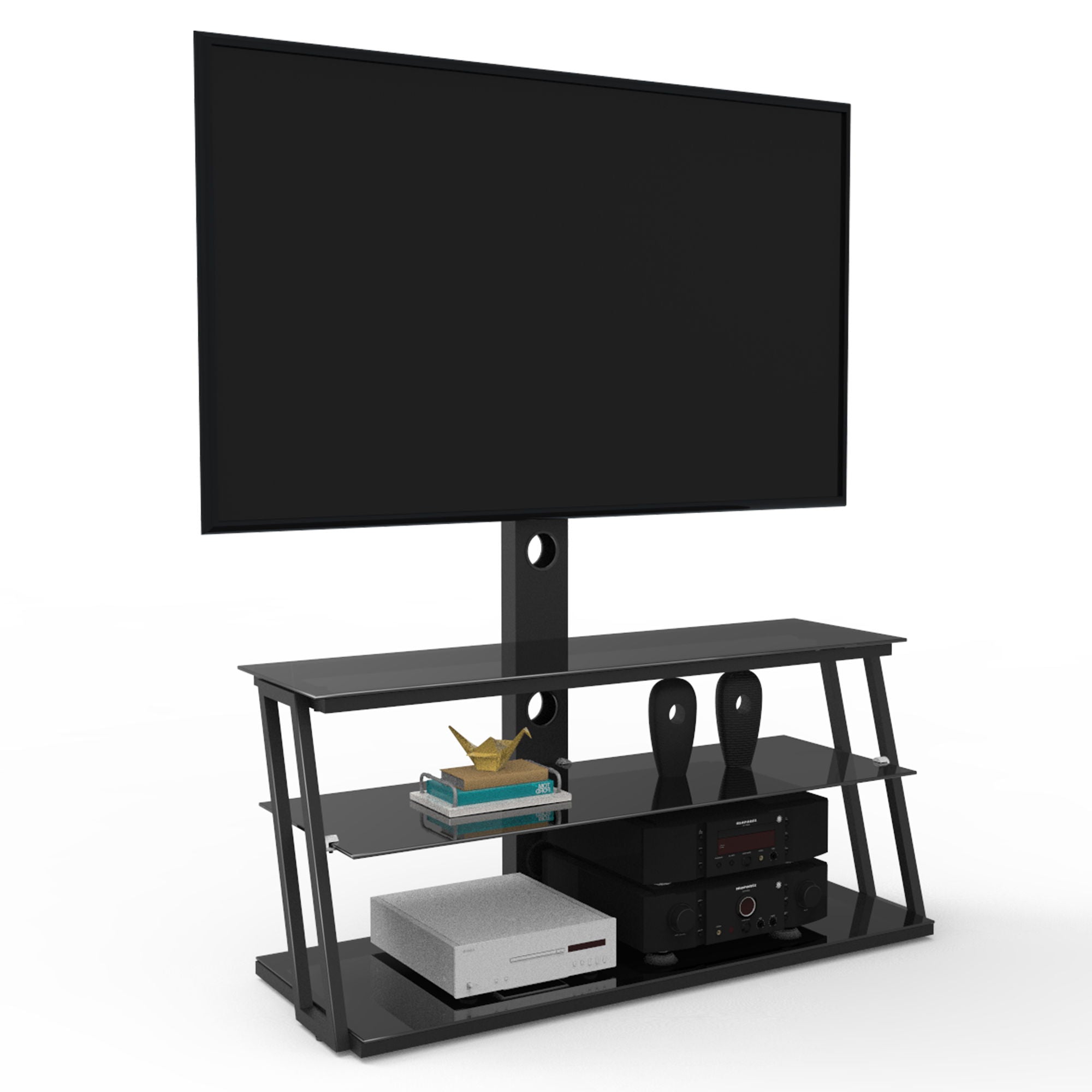 Multi-Function Angle And Height Adjustable Tempered Glass TV Stand - Black - Best Buy Furniture