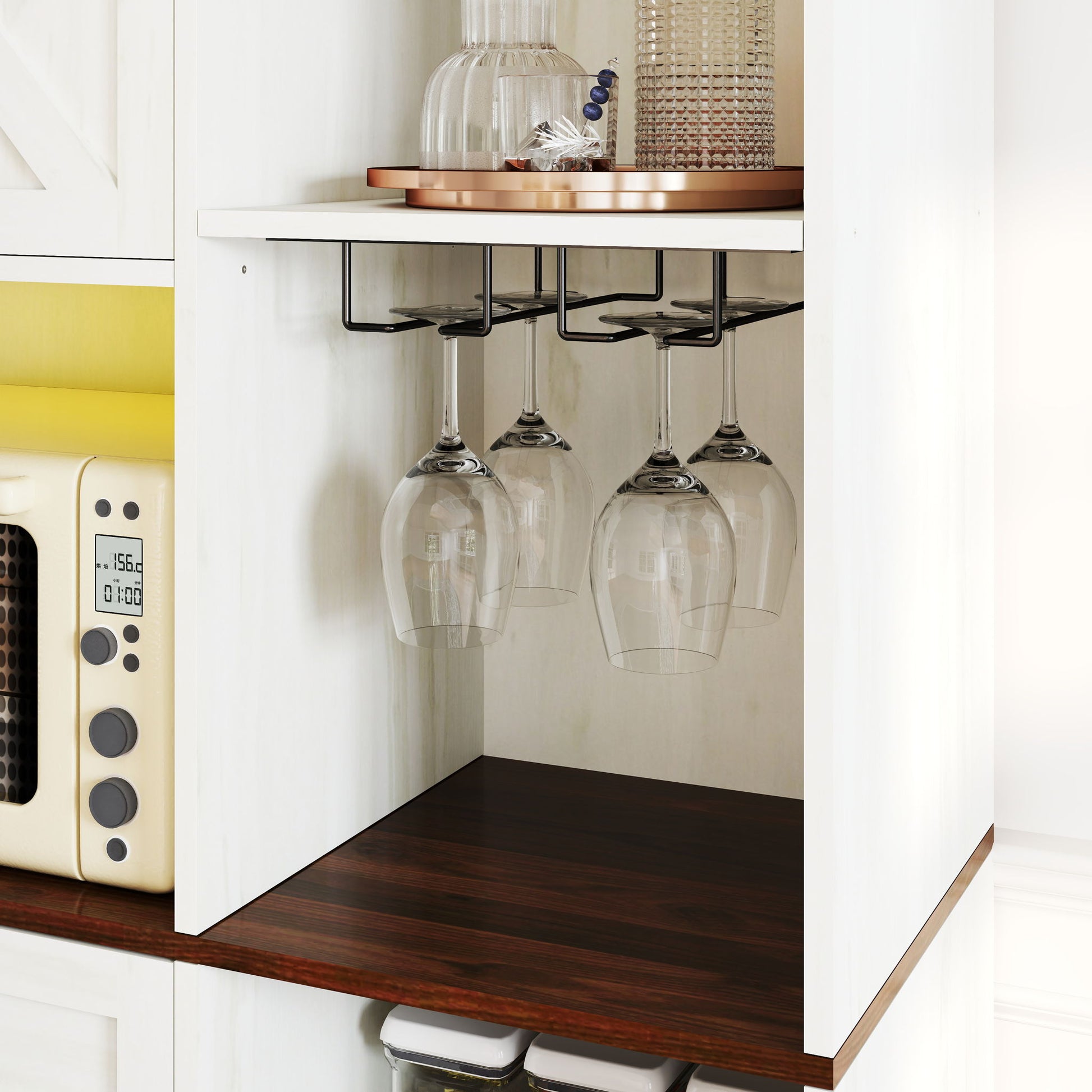 Farmhouse Kitchen Pantry Sideboard With Cabinet And Drawer, Multi Functional Kitchen Buffet With Hutch And Glass Holder, Microwave Stand With Charging Station - Brown / Antique White - Best Buy Furniture