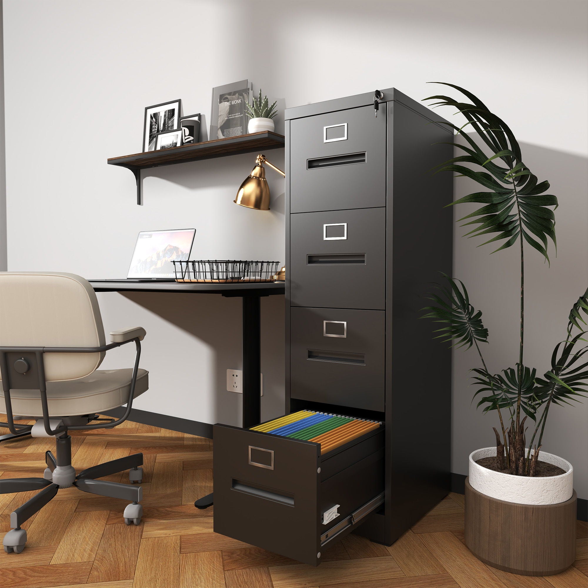 Modern 4 Drawer Metal Vertical Filing Cabinets With Lock For Home Office, Steel Construction, Letter / Legal / A4 / F4 Size - Brushed Nickel - Best Buy Furniture