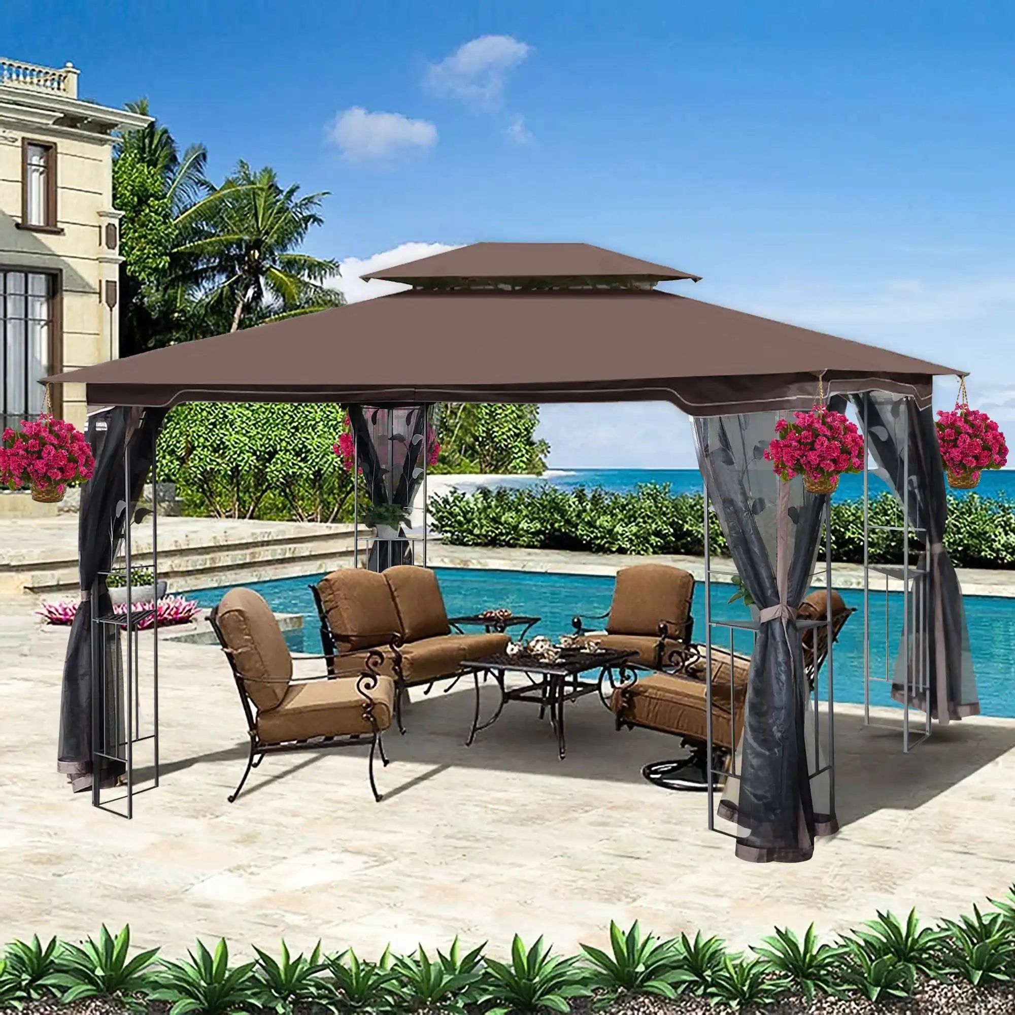 13x10 Outdoor Patio Gazebo Tent, Brown Canopy with Mesh Screens - Best Buy Furniture