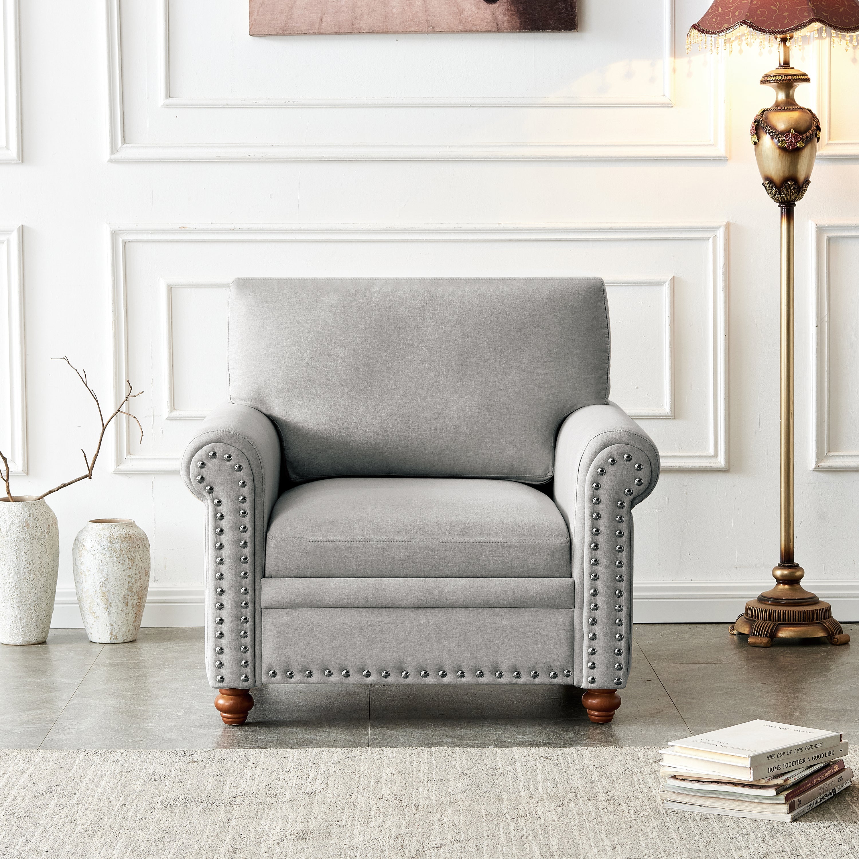 Living Room Sofa Single Seat Chair with Wood Leg Grey Fabric - Best Buy Furniture