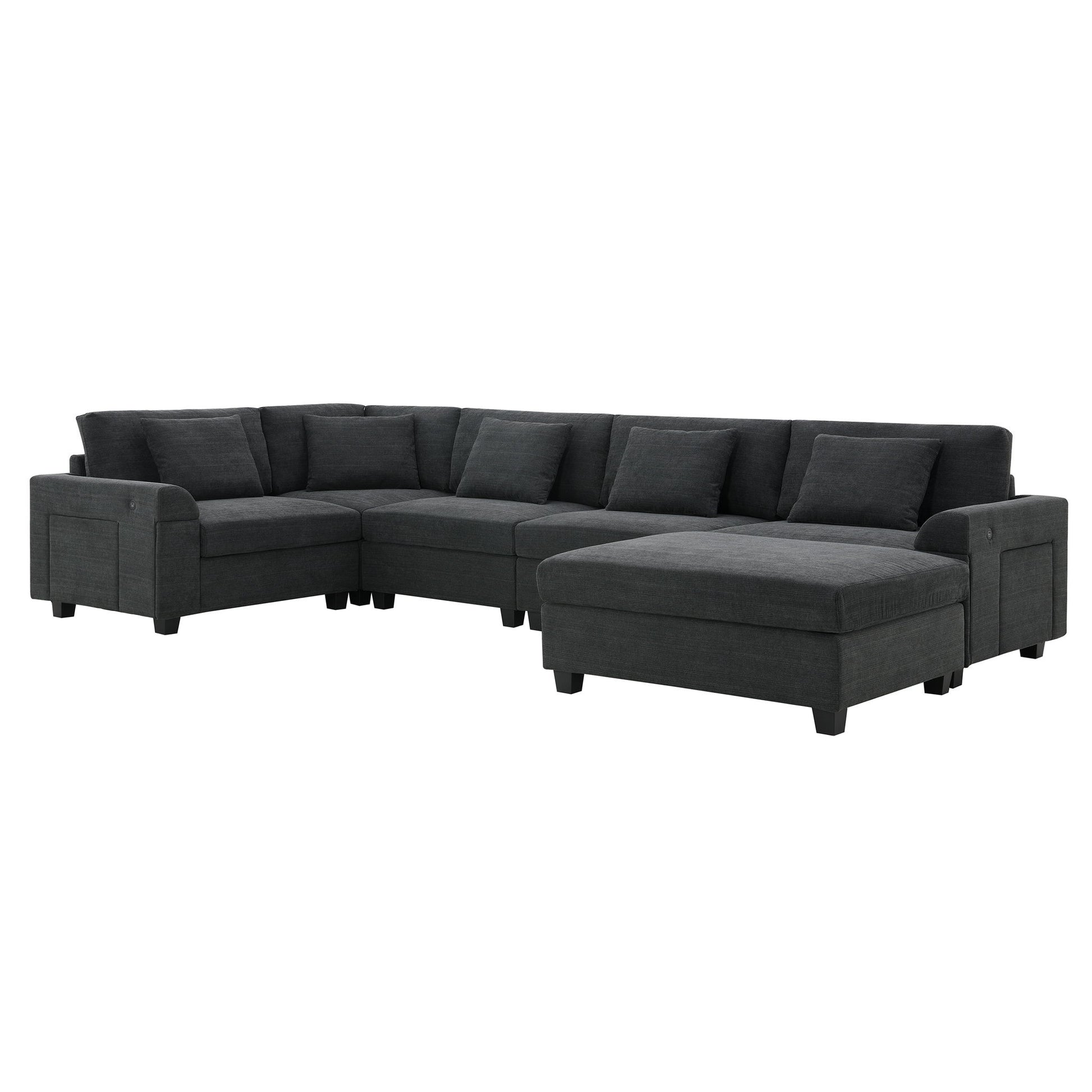 U Shaped Sectional Sofa 6 Seat Couch Set With Oversized Ottoman, Hidden Armrest Storage And Cup Holders USB Charging Ports Wide Seat Sofa - Best Buy Furniture