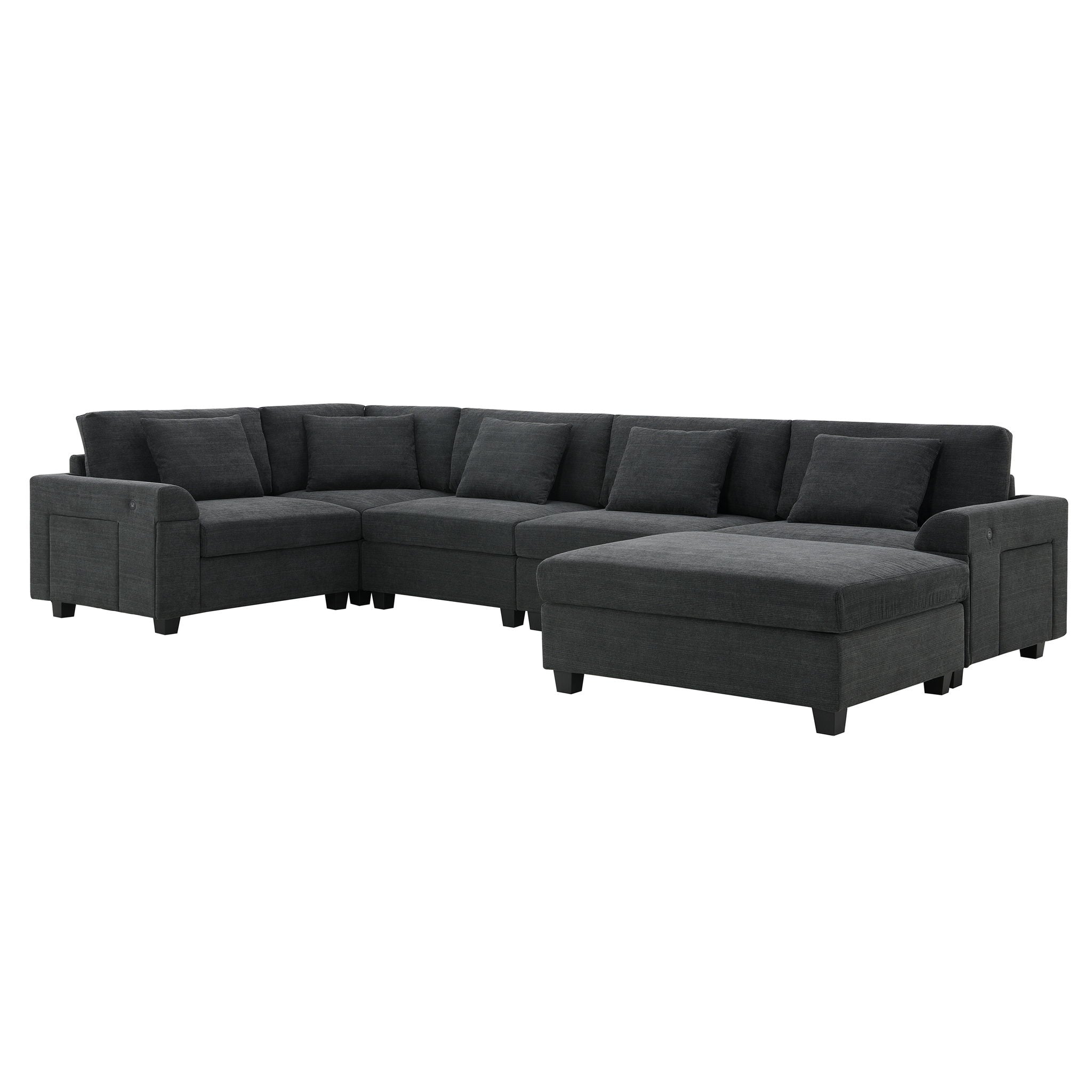 U Shaped Sectional Sofa 6 Seat Couch Set With Oversized Ottoman, Hidden Armrest Storage And Cup Holders USB Charging Ports Wide Seat Sofa - Best Buy Furniture