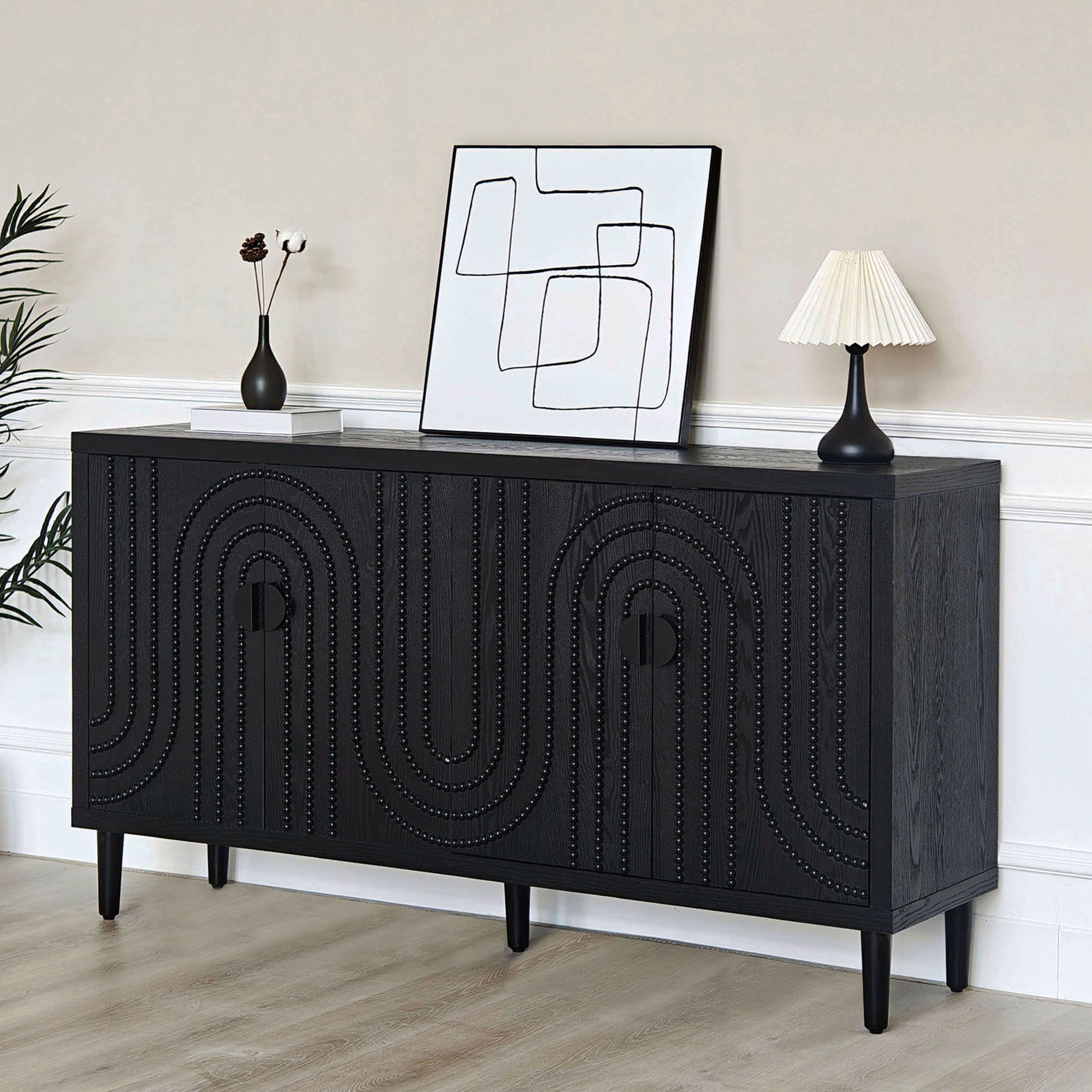 Modern Sideboard Cabinet With Decorative Nailhead Accents, Stylish Storage Solution For Dining, Living Rooms - Black - Best Buy Furniture