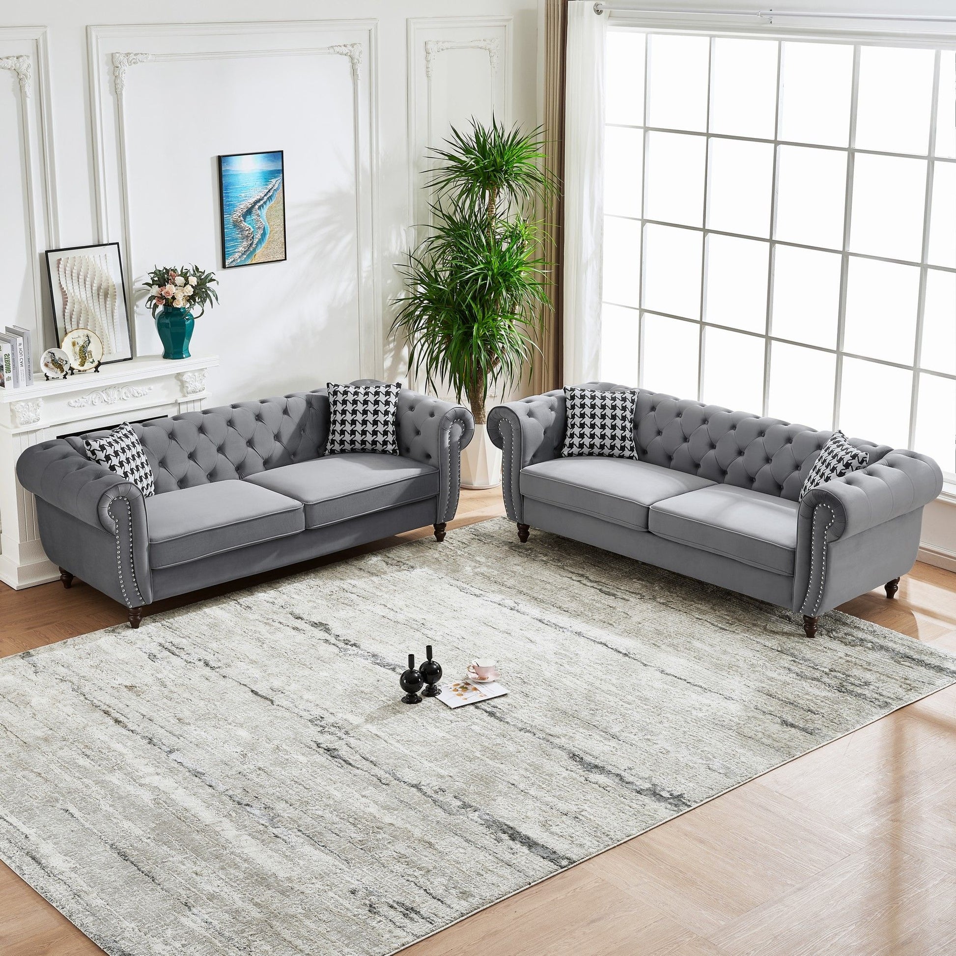 Chesterfield Velvet Upholstery Fabric Sofa With Roll Armrest & Nailhead, Mid Century Modern 3 And 3 Seater Couch - Best Buy Furniture