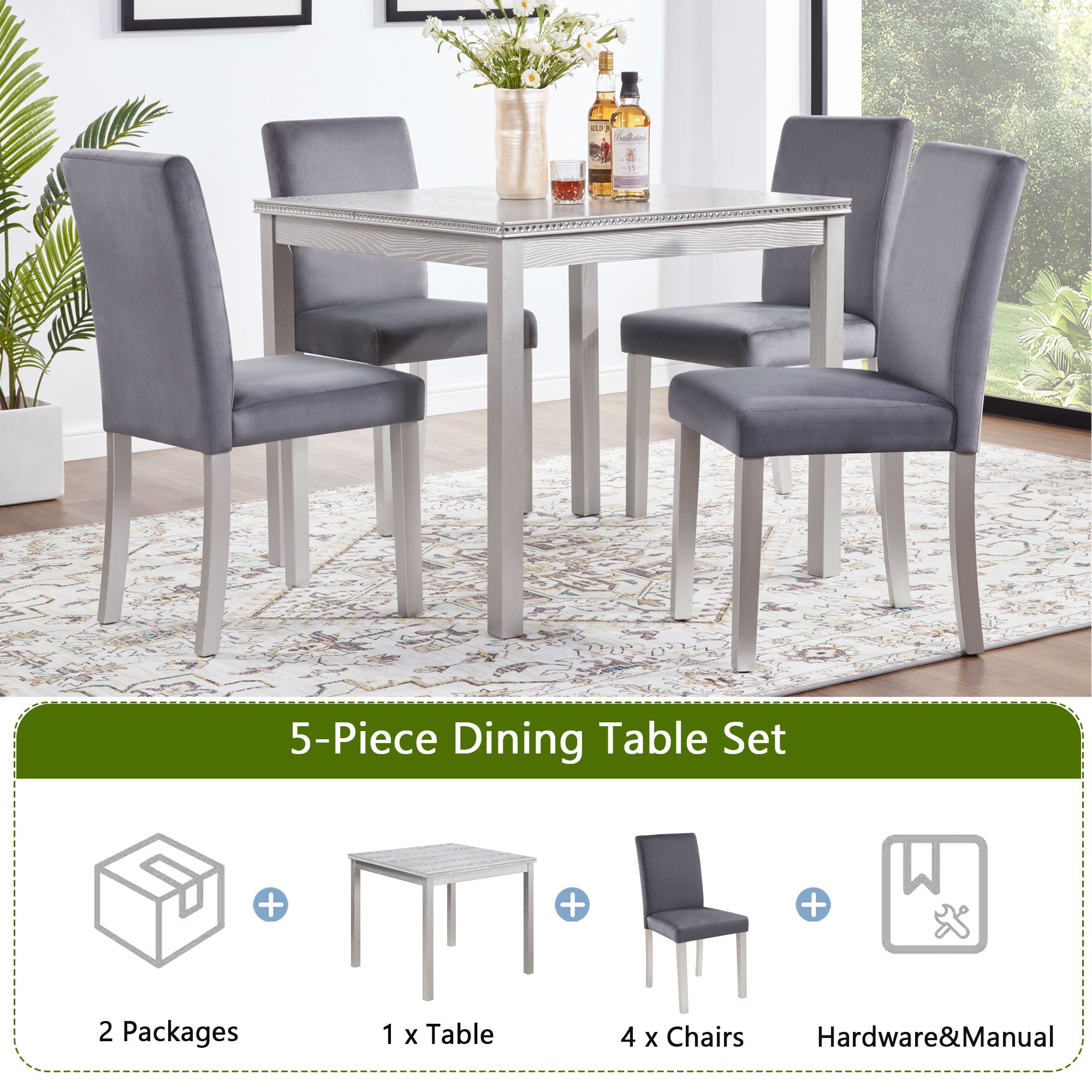 5 Pieces Wooden Dining Table Set, Square Table And 4 Upholstered Chairs - Best Buy Furniture