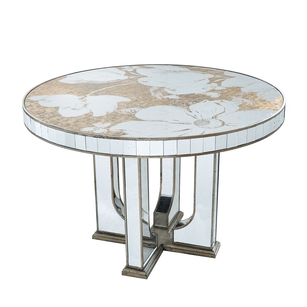 Round Dining Table With Elegant Floral Design And Mirrored - Silver Multi - Best Buy Furniture
