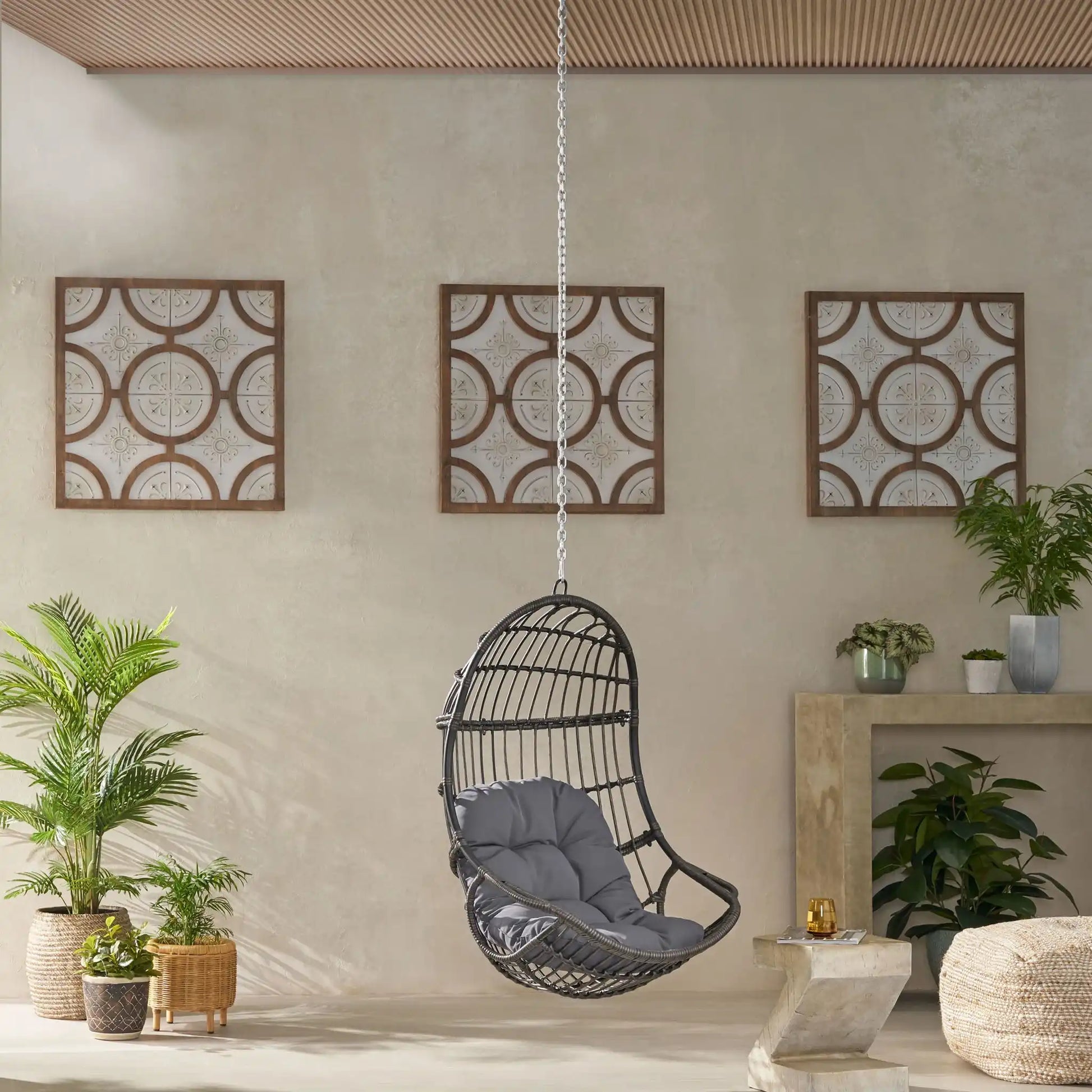 Rustic Hanging Basket Chair With Cushion - Best Buy Furniture