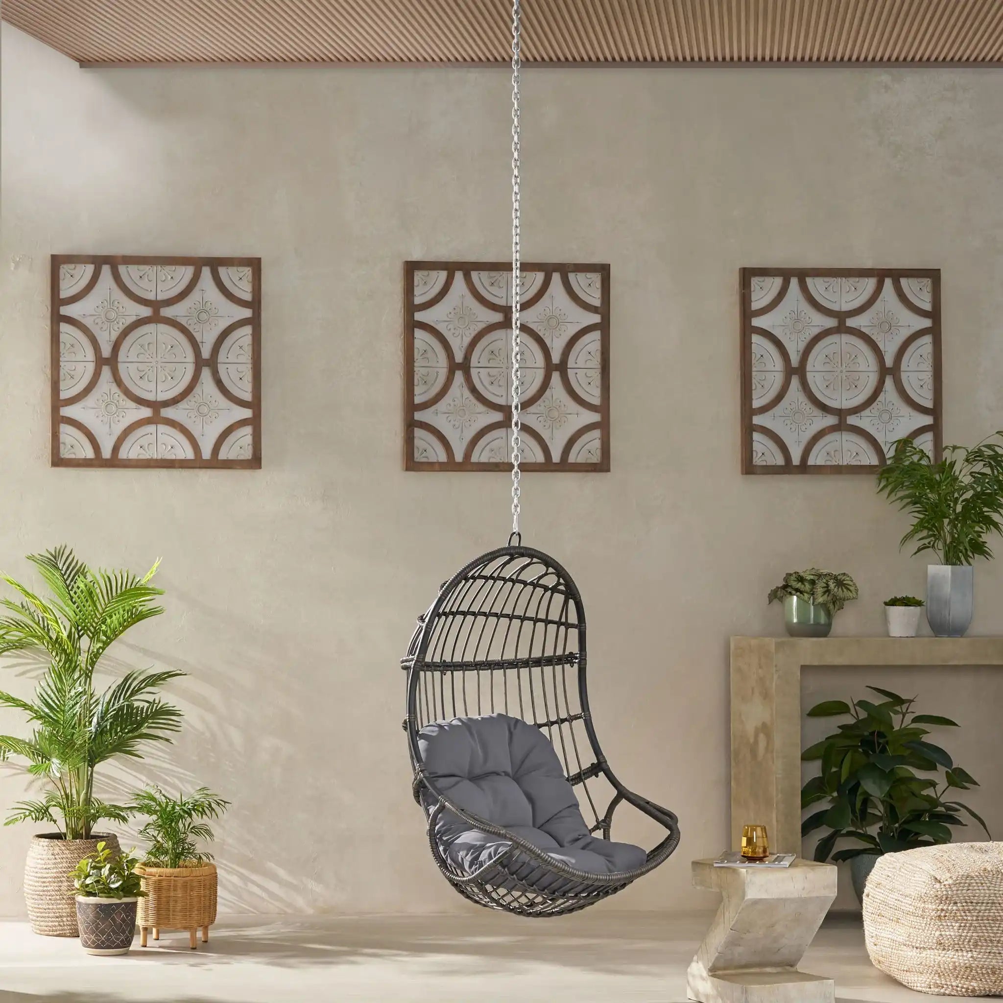 Rustic Hanging Basket Chair With Cushion - Best Buy Furniture