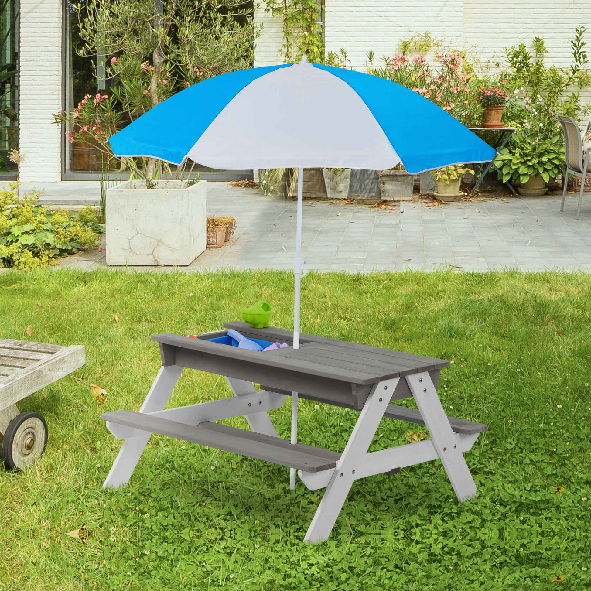 Wooden Kids Picnic Table, Sand And Water Table With Umbrella, Activity Table For Outdoor Backyard Patio Play - White / Gray - Best Buy Furniture
