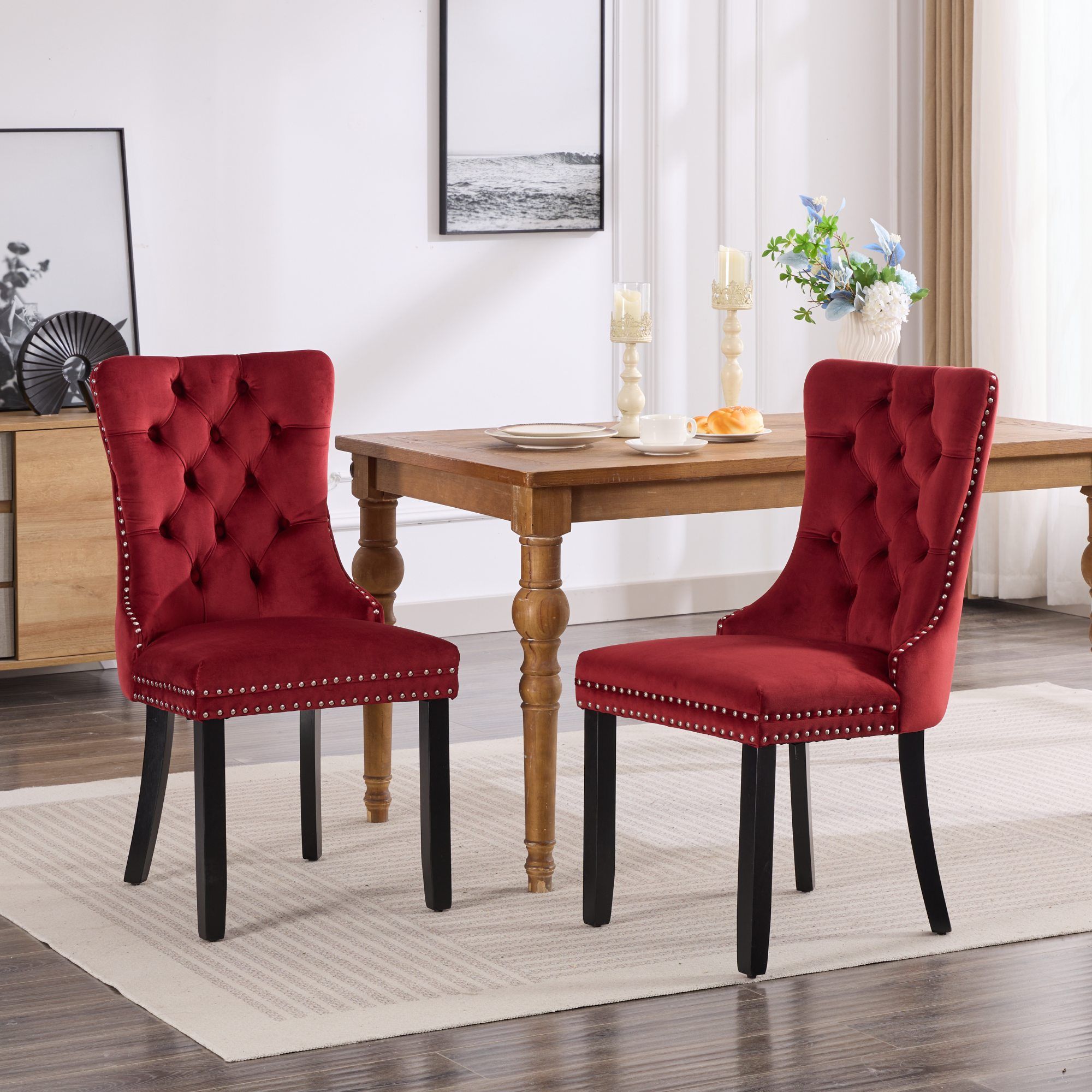 Classic Velvet Dining Chairs, High-End Tufted Solid Wood Contemporary Velvet Upholstered Dining Chair With Wood Legs Nailhead (Set of 2) - Burgundy - Best Buy Furniture