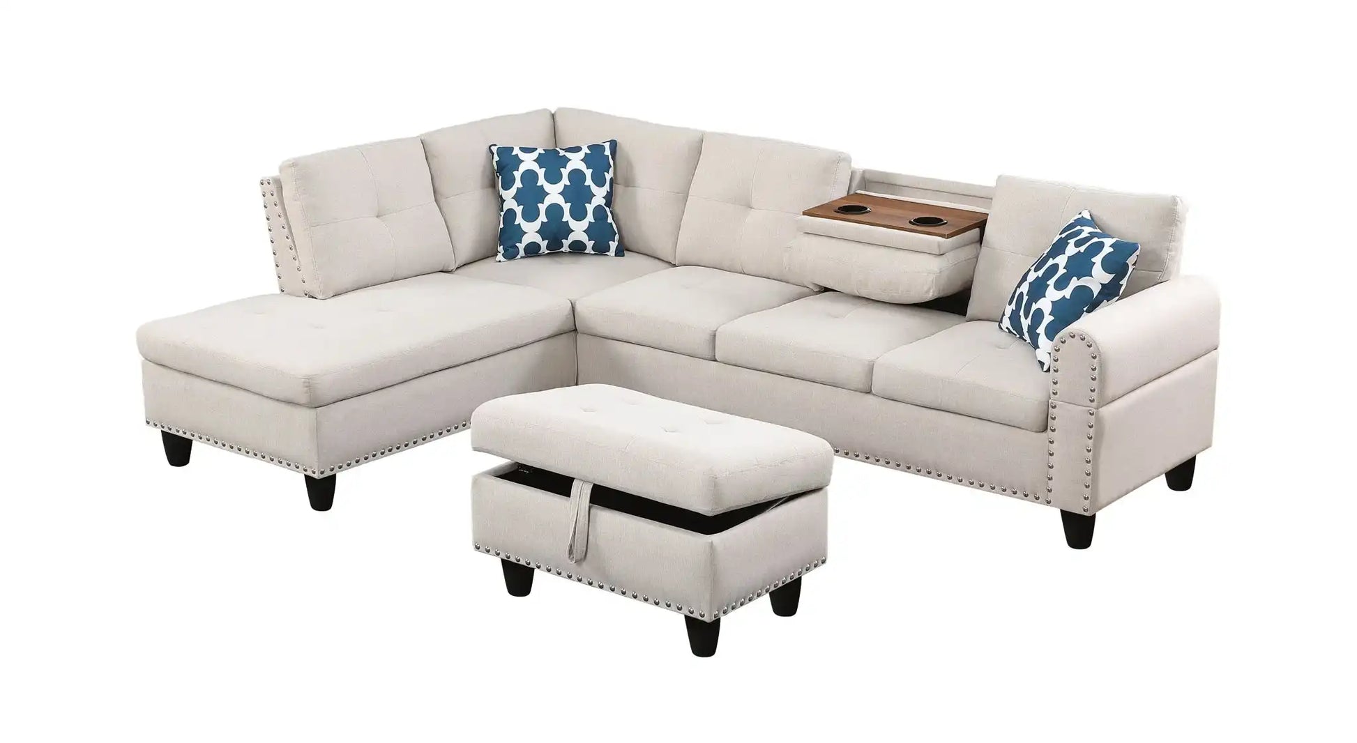 Alger - Wide Left Hand Facing Sofa & Chaise With Ottoman - Beige - Best Buy Furniture