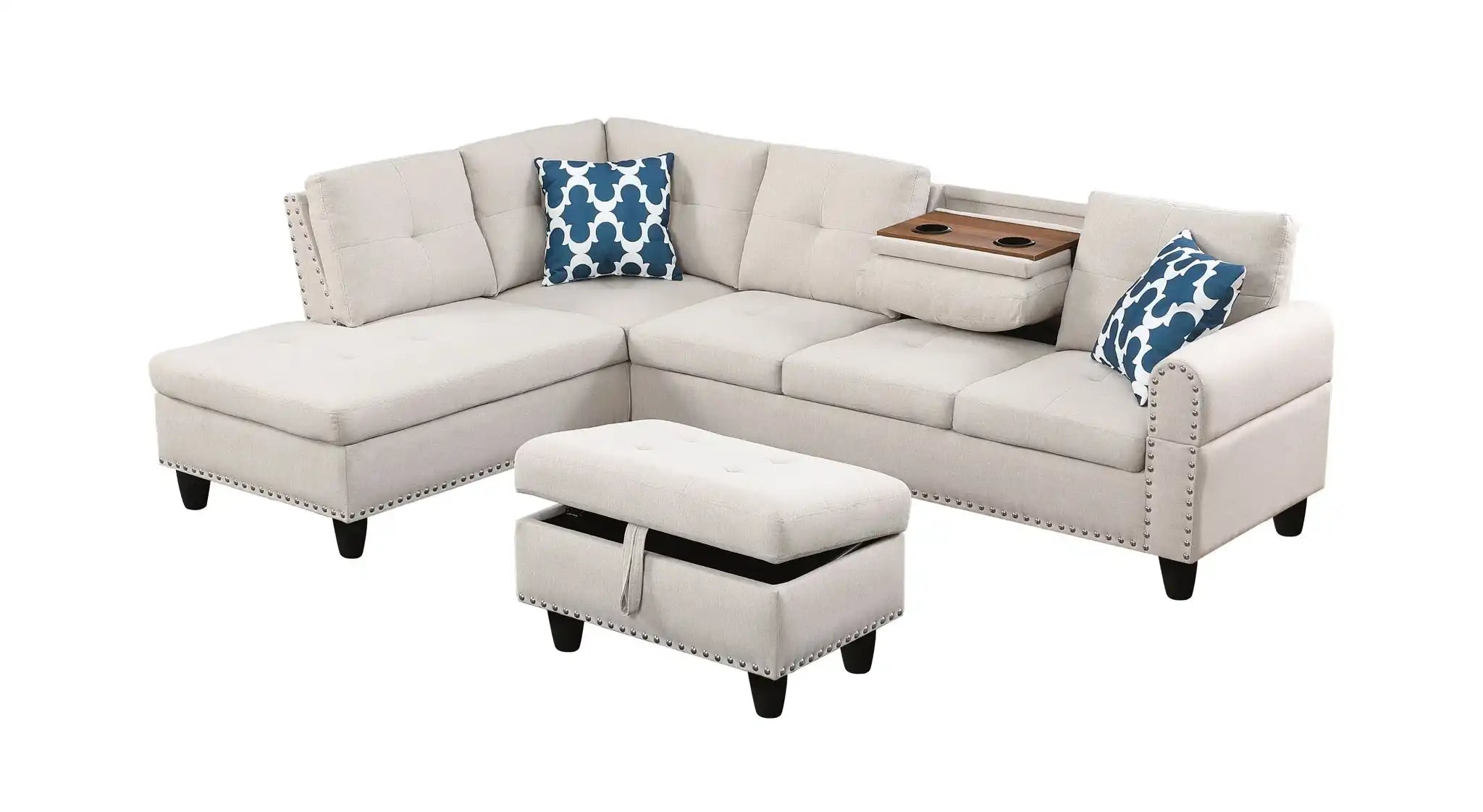 Alger - Wide Left Hand Facing Sofa & Chaise With Ottoman - Beige - Best Buy Furniture