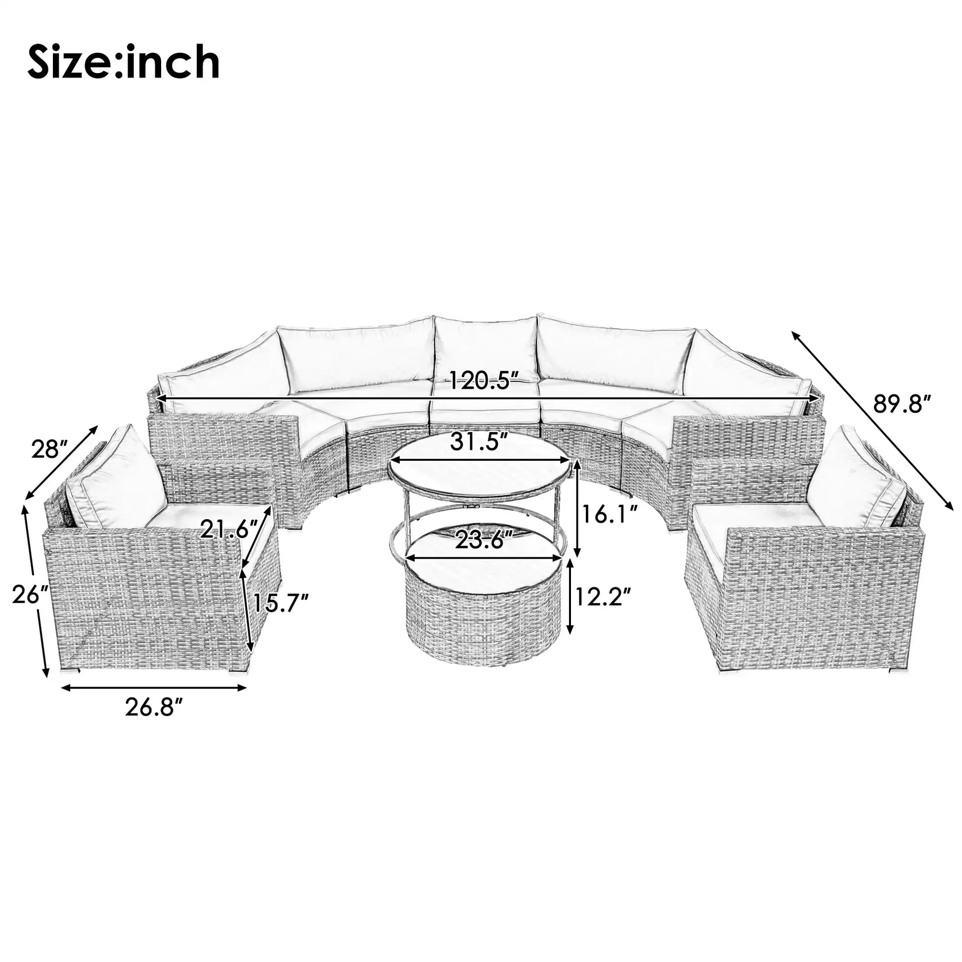 GO 9-Pieces Outdoor Half-moon Patio Sofa Set, Round Sofa Set, Modern Style Sofa, Gray Wicker - Best Buy Furniture