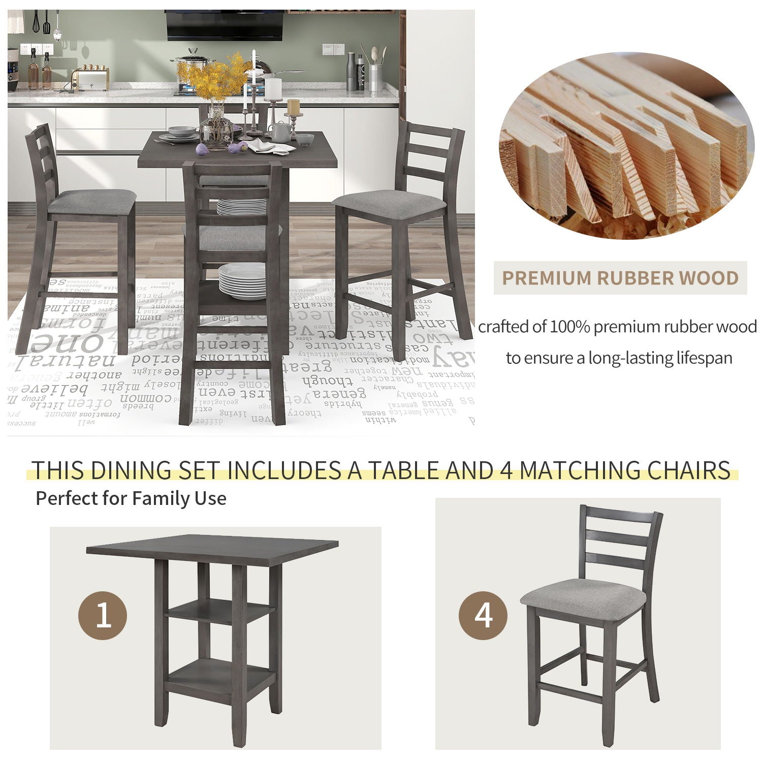 5 Piece Wooden Counter Height Dining Set With Padded Chairs, Storage Shelving - Best Buy Furniture