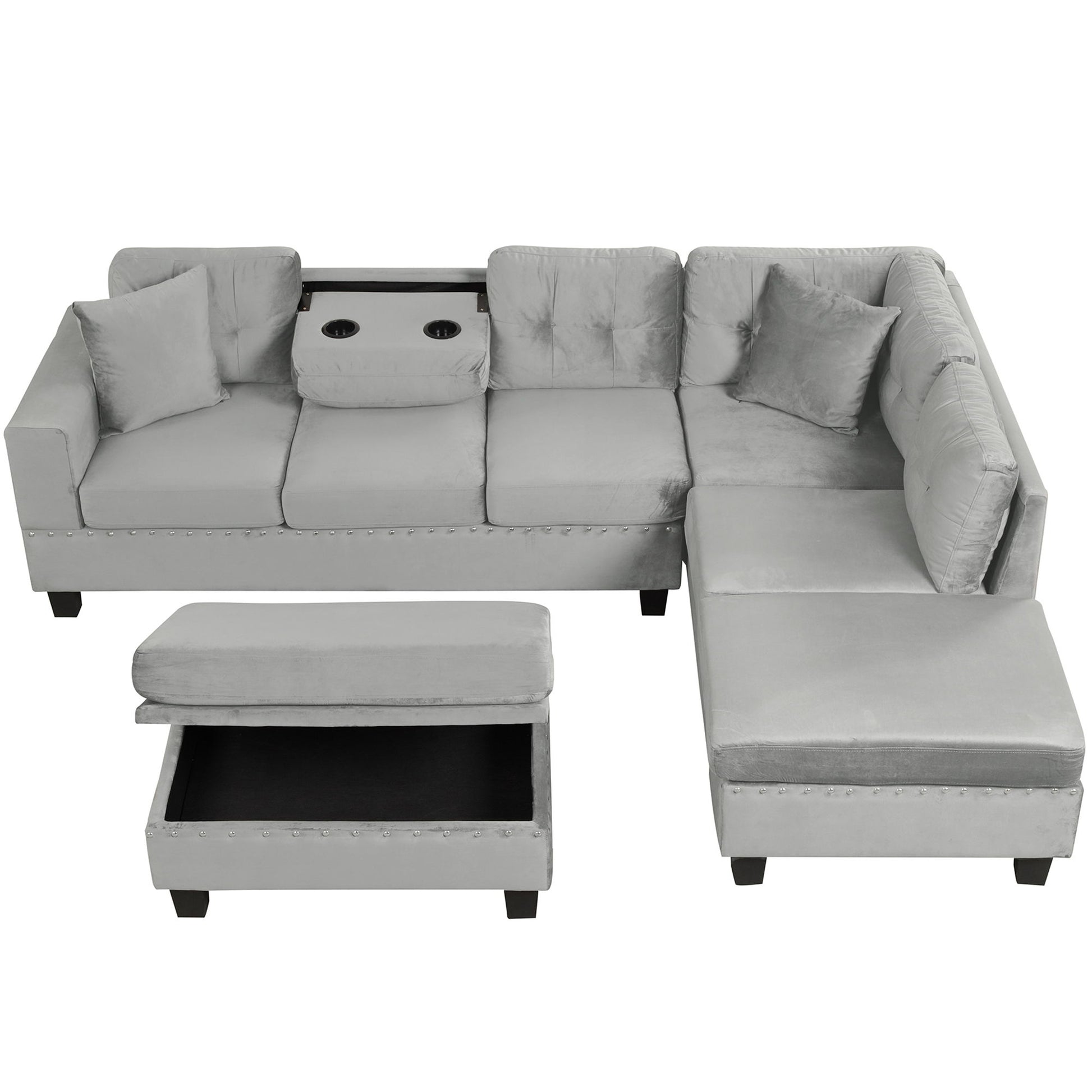 Modern Sectional Sofa With Storage Ottoman, L - Shape Couch With 2 Pillows And Cup Holders - Best Buy Furniture