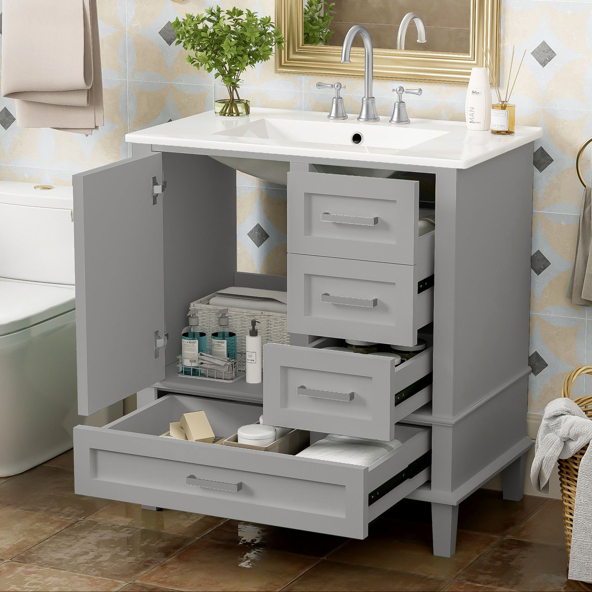 Bathroom Vanity, Modern Bathroom Cabinet With Sink Combo Set, Bathroom Storage Cabinet With A Soft Closing Door And 3 Drawers, Solid Wood Frame - Best Buy Furniture