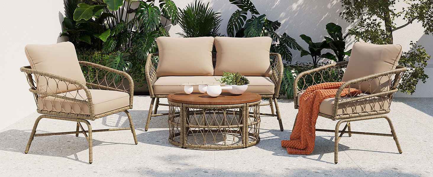 Bohemia-Inspired 4 Person Outdoor Seating Group With Removable Cushions, Conversation Patio Set With Wood Tabletop - Beige - Best Buy Furniture