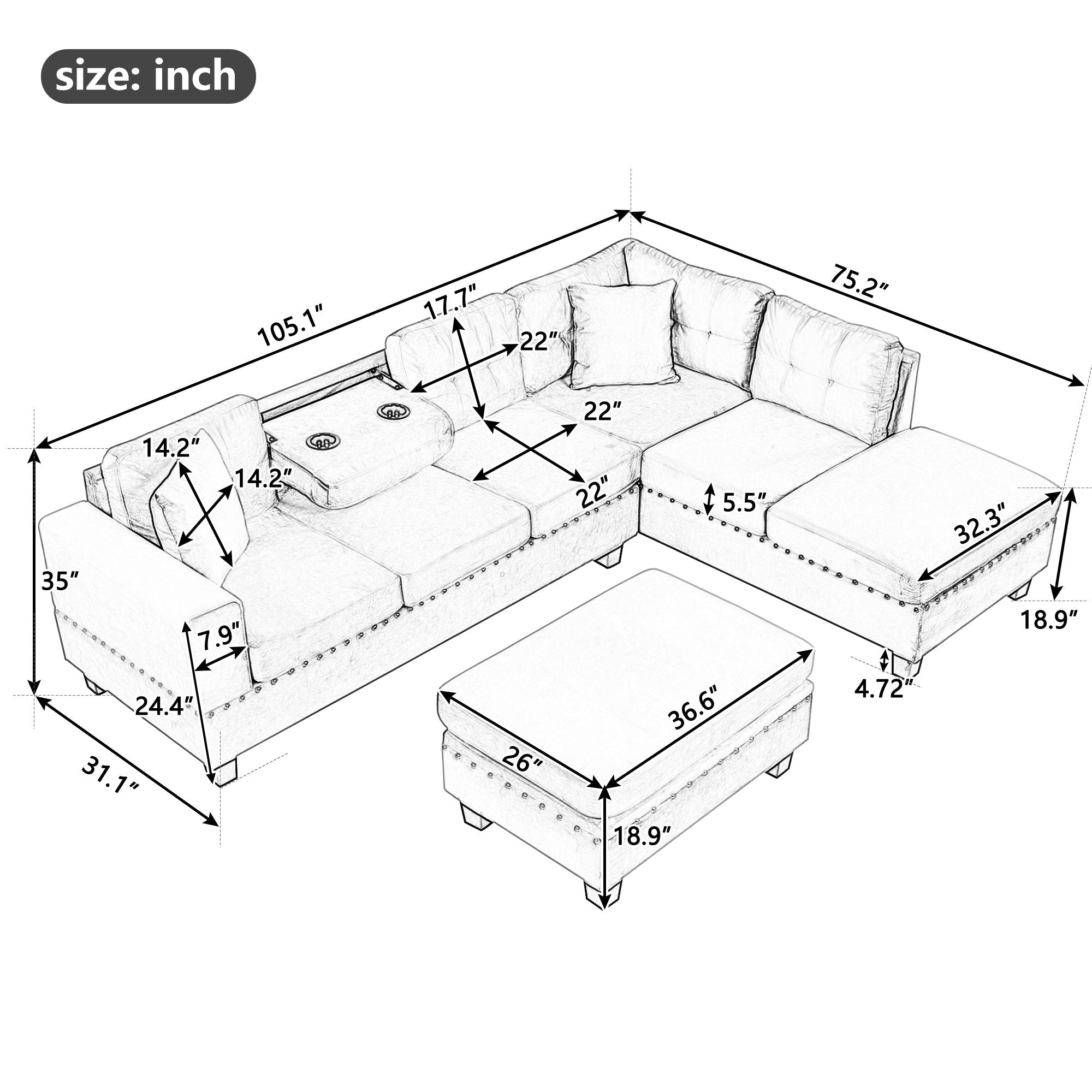 Modern Sectional Sofa With Storage Ottoman, L - Shape Couch With 2 Pillows And Cup Holders - Best Buy Furniture