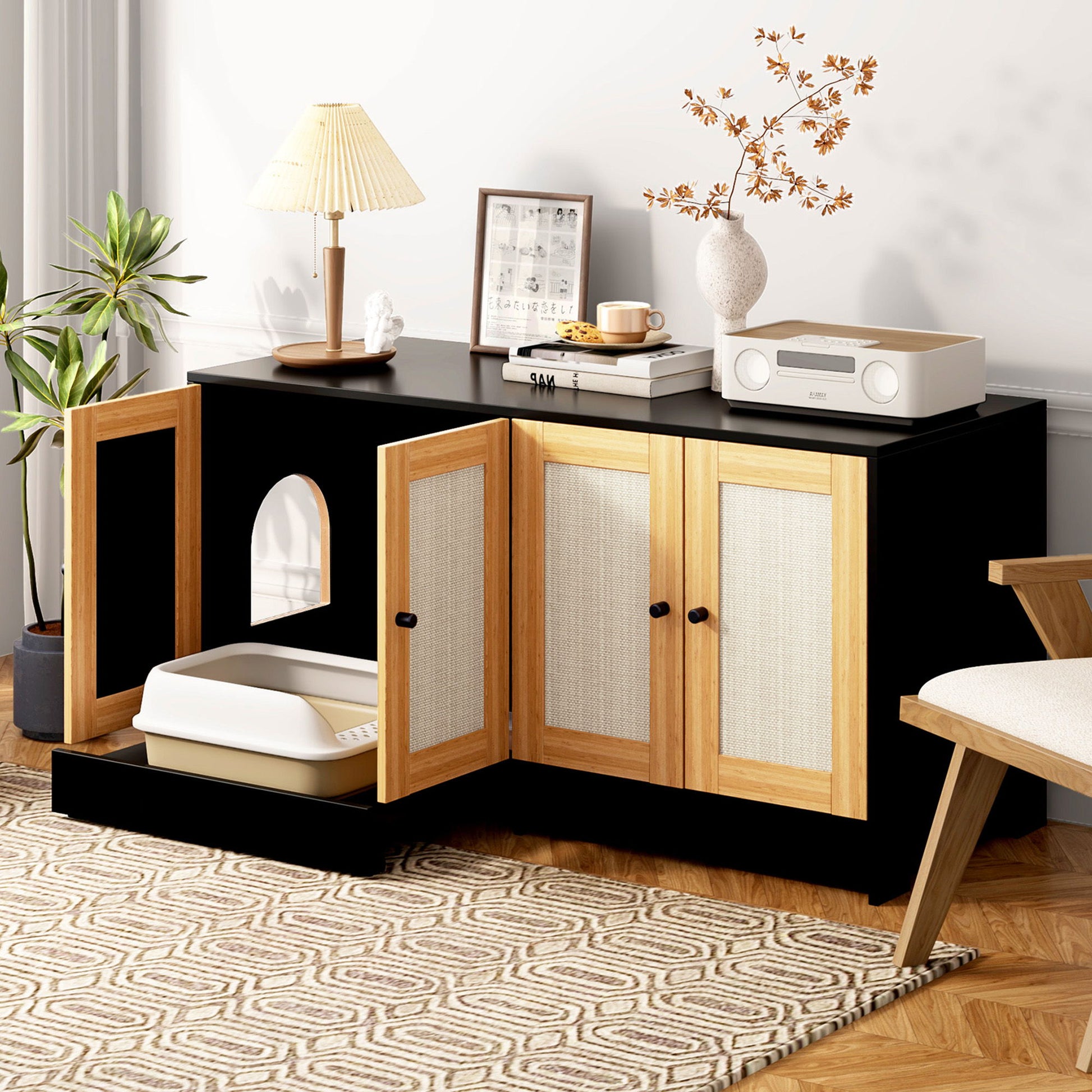 Double Litter Box Enclosure, Cat Litter Box Enclosure For 2 Cats, Hidden Litter Box Furniture With Rattan Doors - Black - Best Buy Furniture