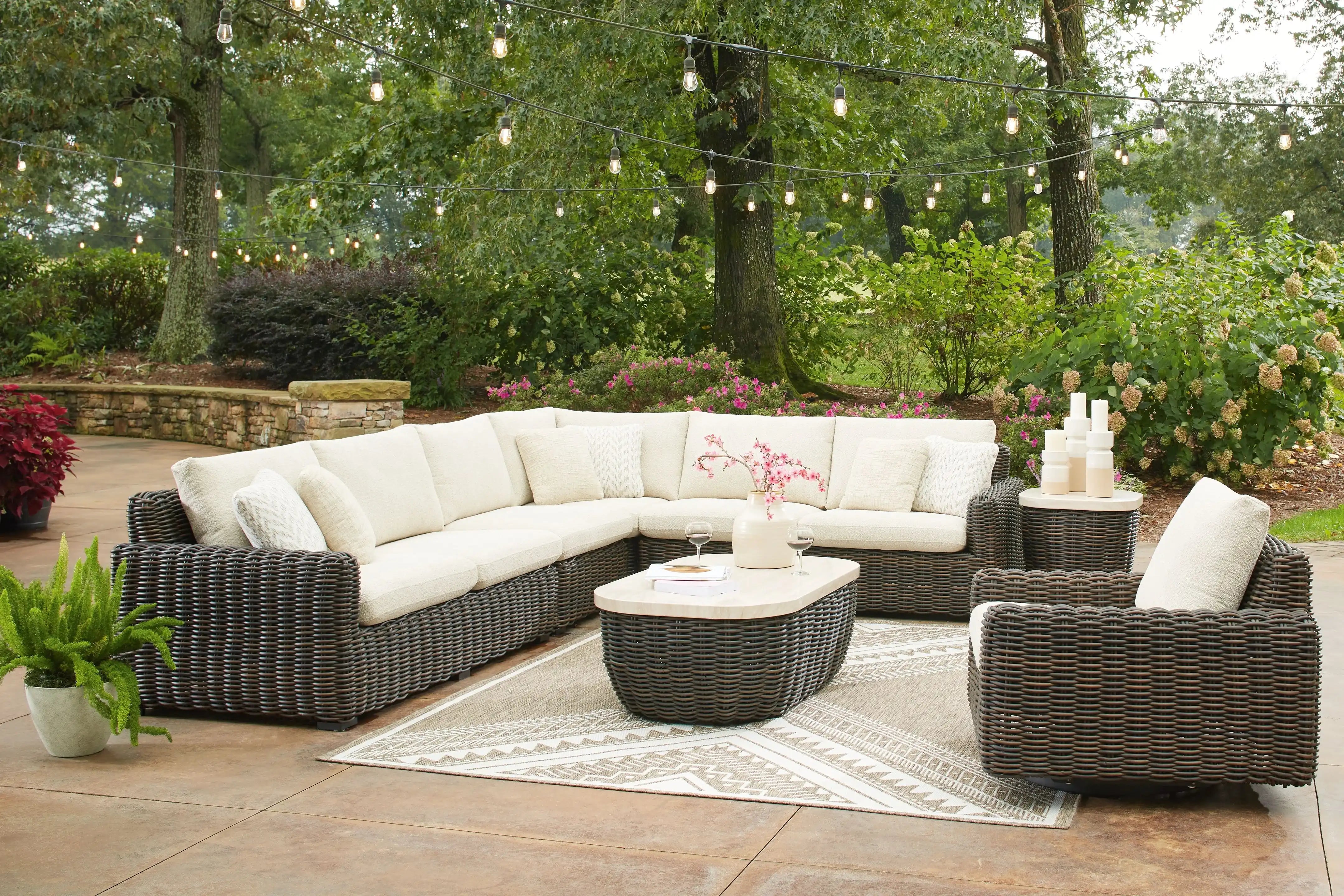 Kimora - 7 Pc. - 4-Piece Outdoor Sectional, Swivel Glider Lounge, Cocktail Table, End Table - Beige / Dark Brown - Best Buy Furniture