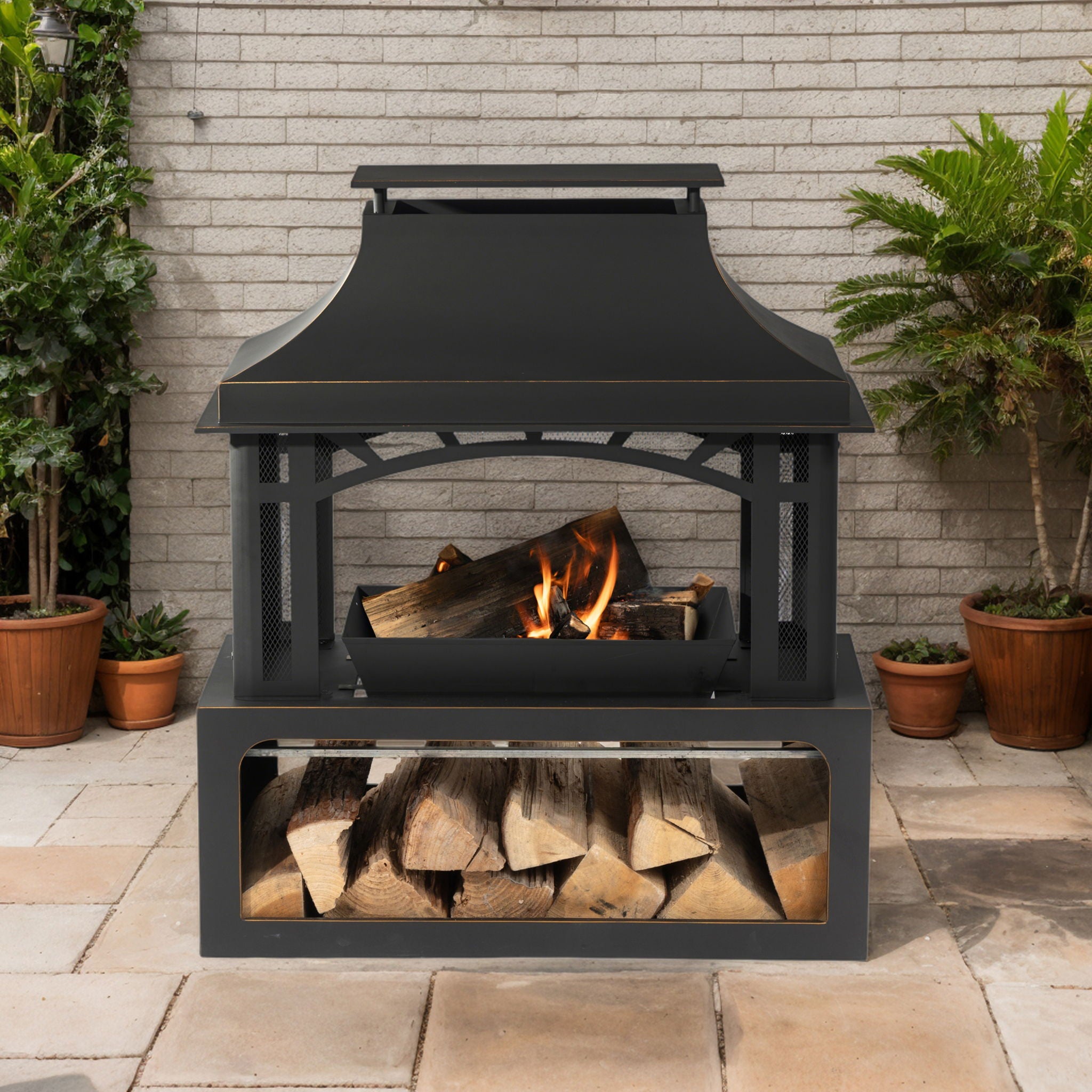 40" Wood Burning Fireplace, 50000 Btu Steel Fire Pit, Wood Burning Chimney For Outside Patio Deck Garden Backyard - Black - Best Buy Furniture