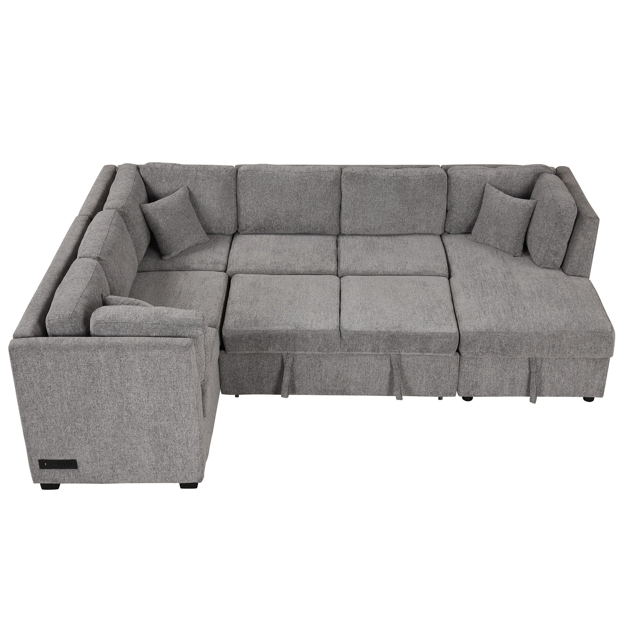 U-Shaped Sectional Sofa Pull Out Sofa Bed With Two USB Ports, Two Power Sockets, Three Back Pillows And A Storage Chaise For Living Room - Best Buy Furniture