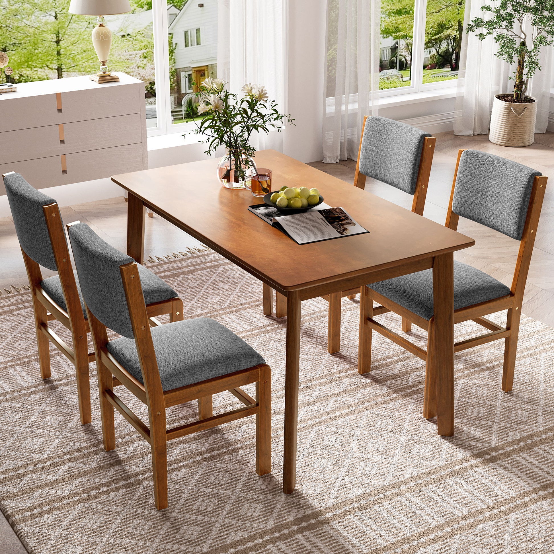 5 Pieces Rectangle Wooden Dining Table Set, Mid Century Modern Kitchen Table And 4 Upholstered Chairs For Home, Saving Space - Brown / Gray - Best Buy Furniture
