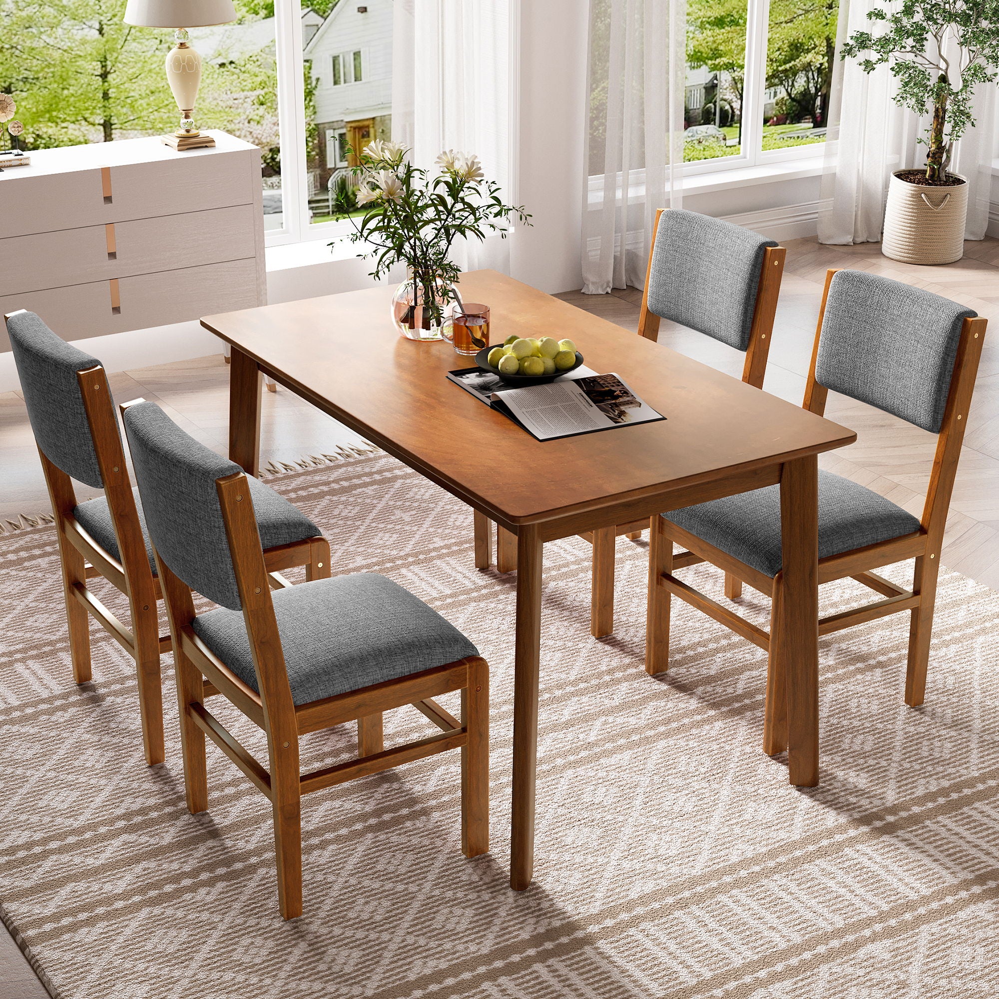 5 Pieces Rectangle Wooden Dining Table Set, Mid Century Modern Kitchen Table And 4 Upholstered Chairs For Home, Saving Space - Brown / Gray - Best Buy Furniture