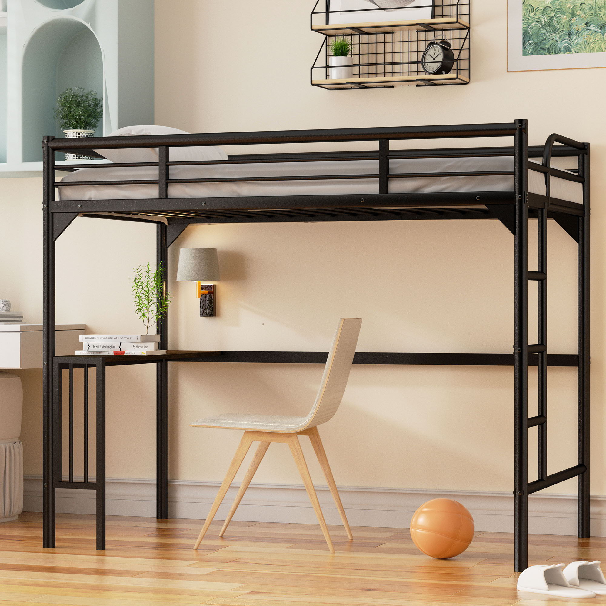 Twin Metal Loft Bed With Desk, Ladder And Guardrails, Bookdesk Under Bed - Black - Best Buy Furniture