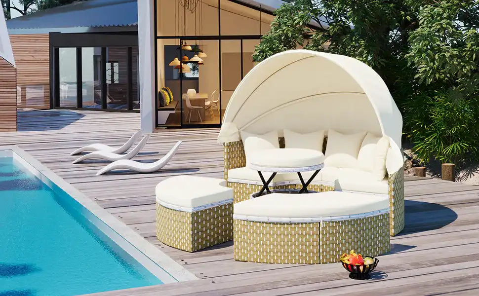 TOPMAX Round Outdoor Sectional Sofa Set Rattan Daybed - Best Buy Furniture